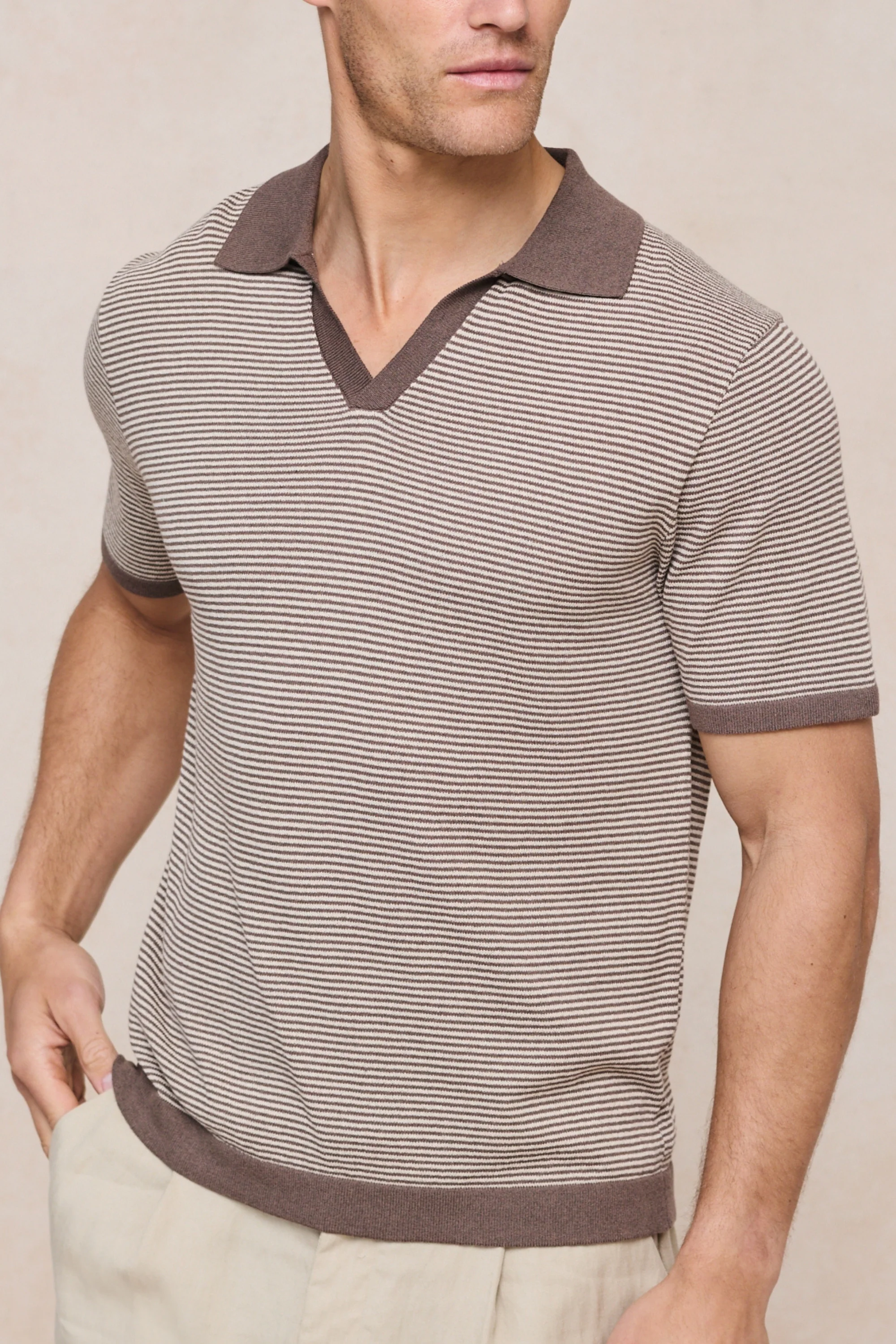 Antonio Contrast Trim Striped Linen Polo - Brown/Beige - Image 3