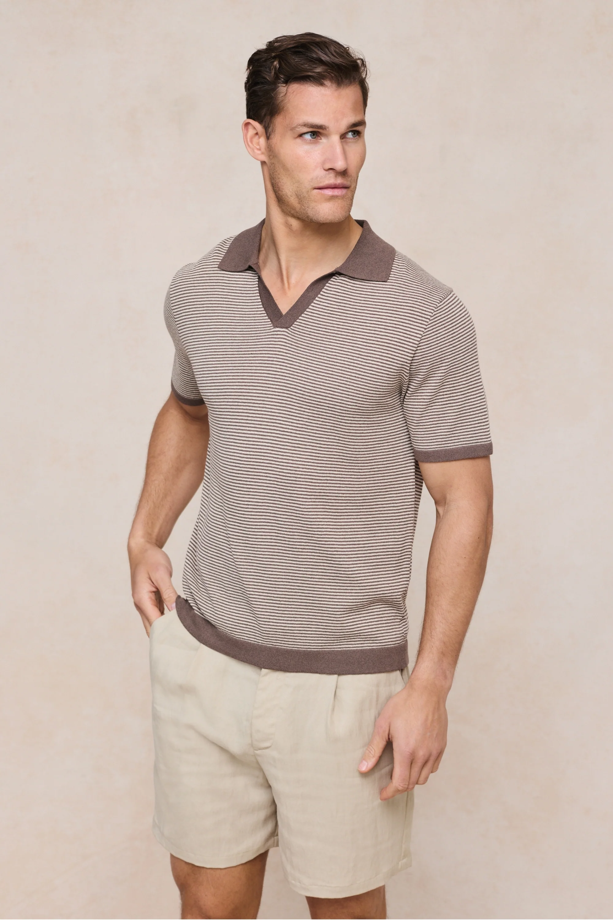 Antonio Contrast Trim Striped Linen Polo - Brown/Beige - Image 5