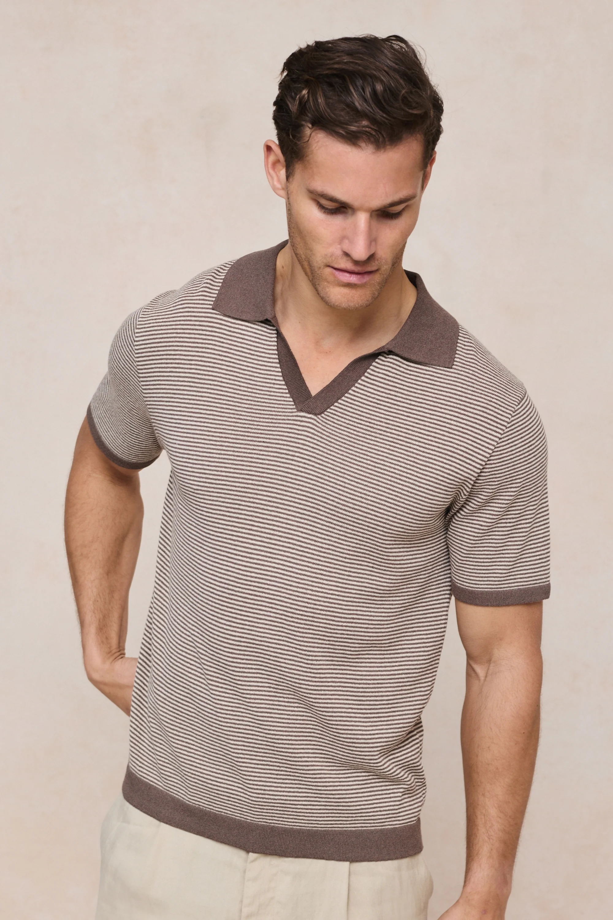 Antonio Contrast Trim Striped Linen Polo - Brown/Beige - Image 7
