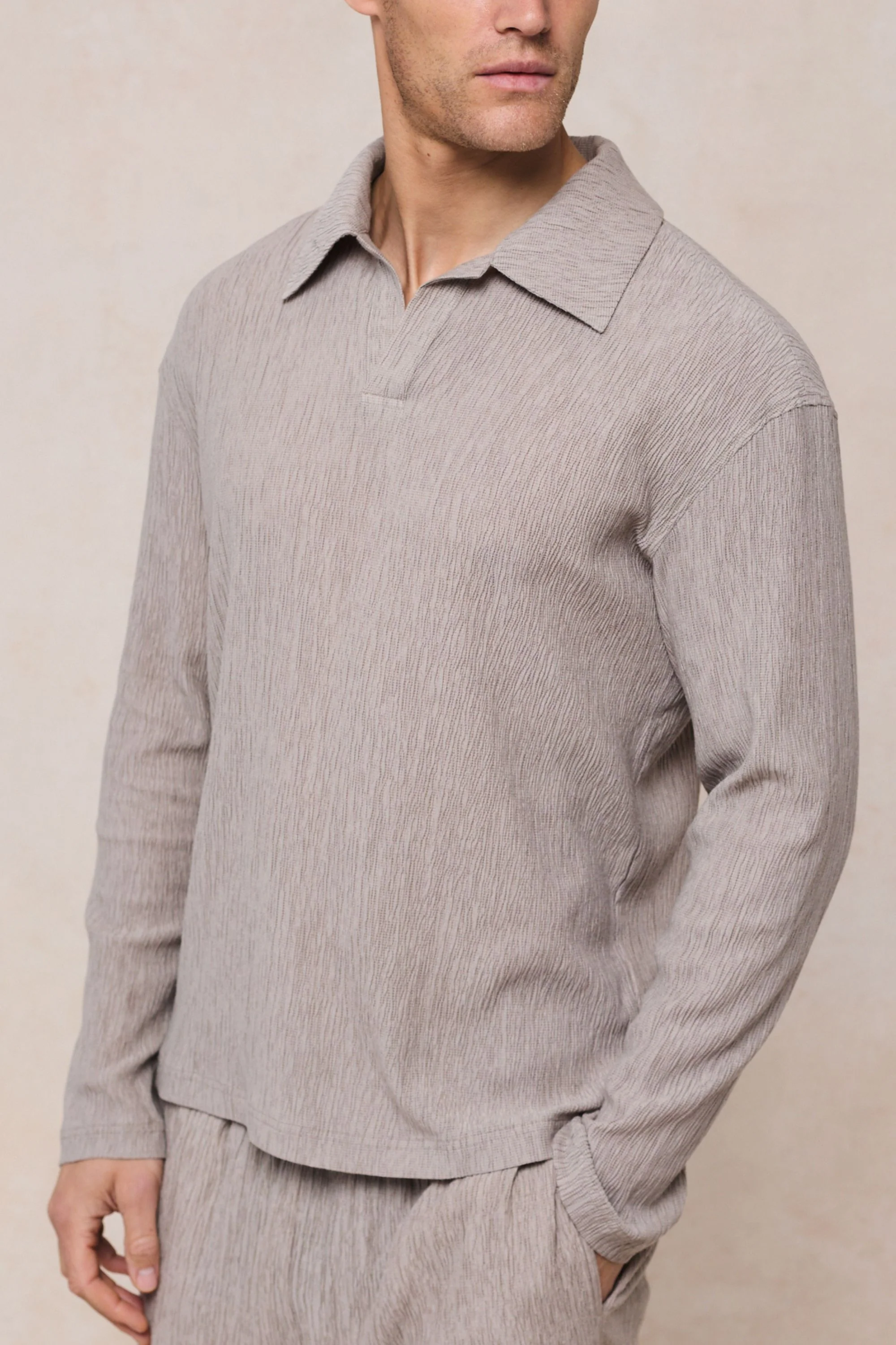 Arty Long Sleeve Open Collar Polo - Mushroom - Image 4