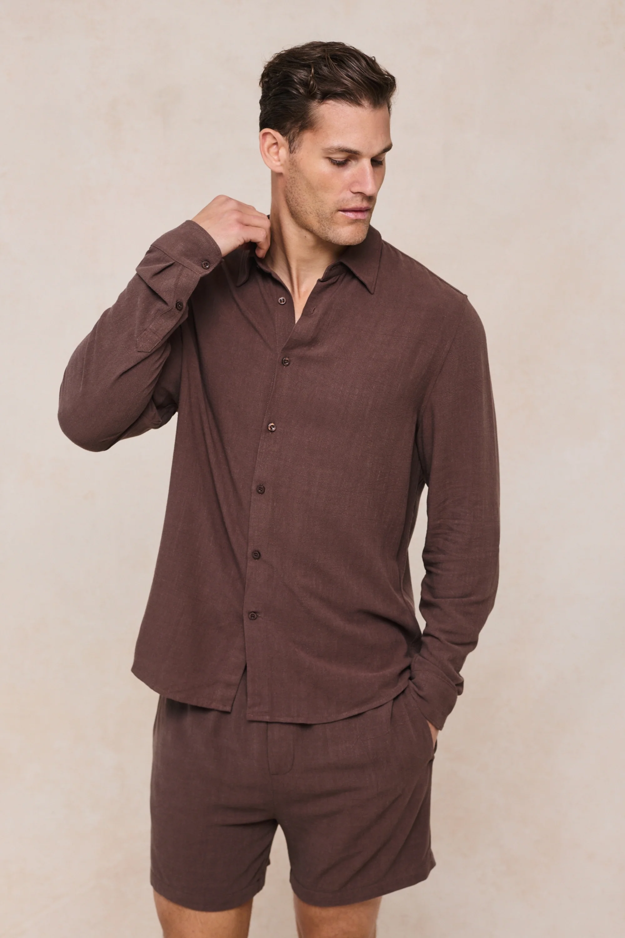 Cami Linen Classic Collar Shirt - Brown - Image 5