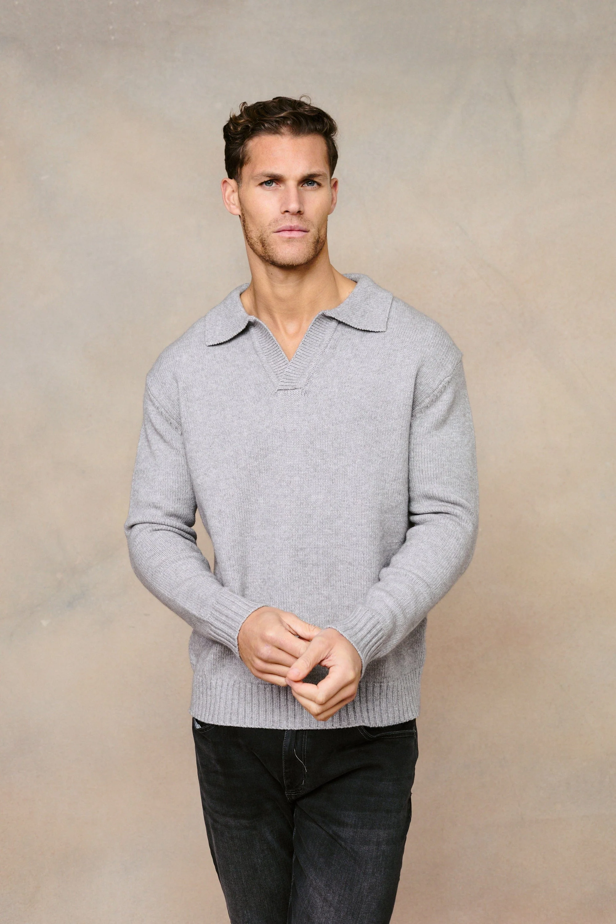 Dylan Chunky Knit Open Collar Sweater - Grey Marl - Image 3