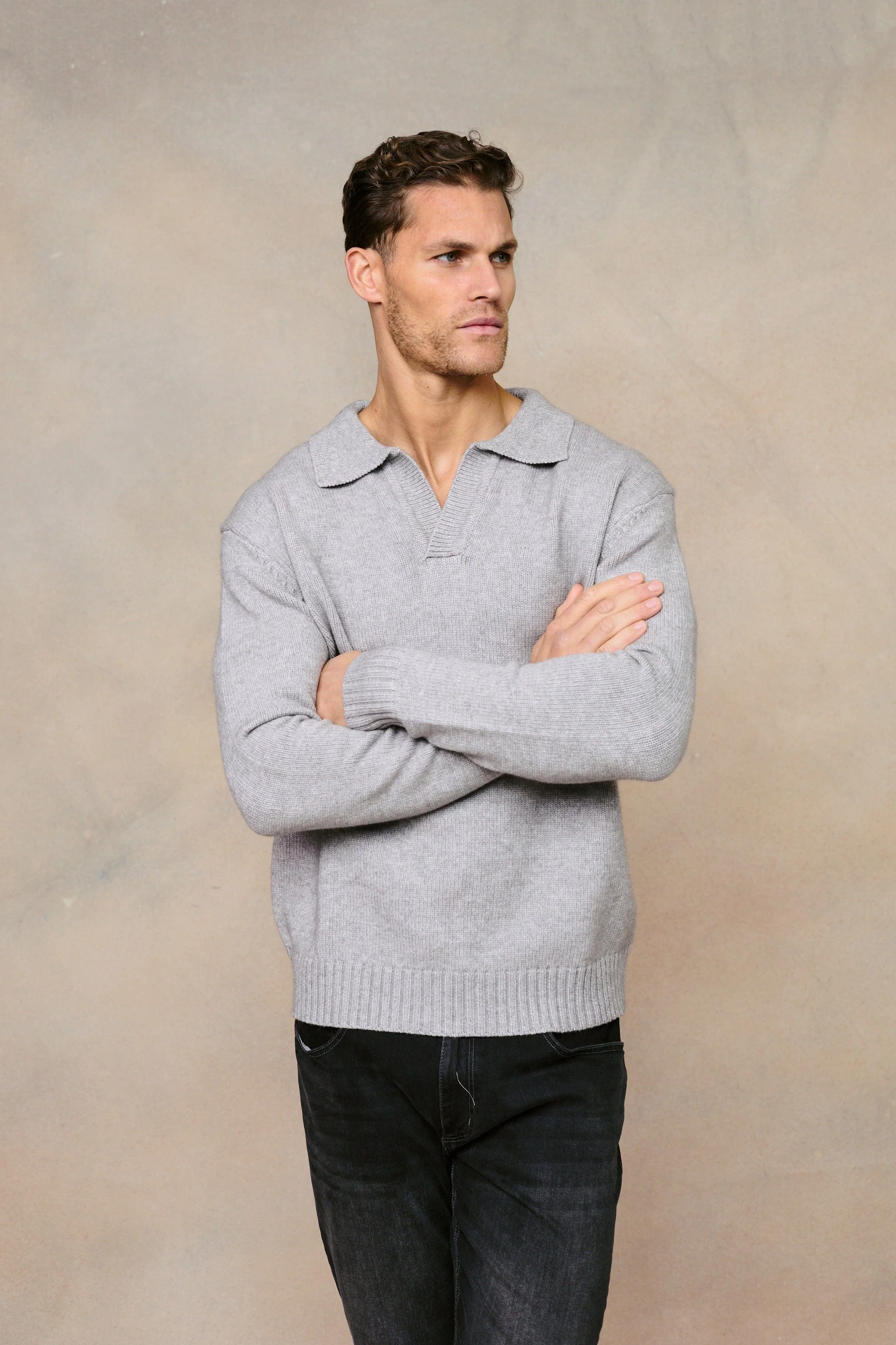 Dylan Chunky Knit Open Collar Sweater - Grey Marl - Image 4