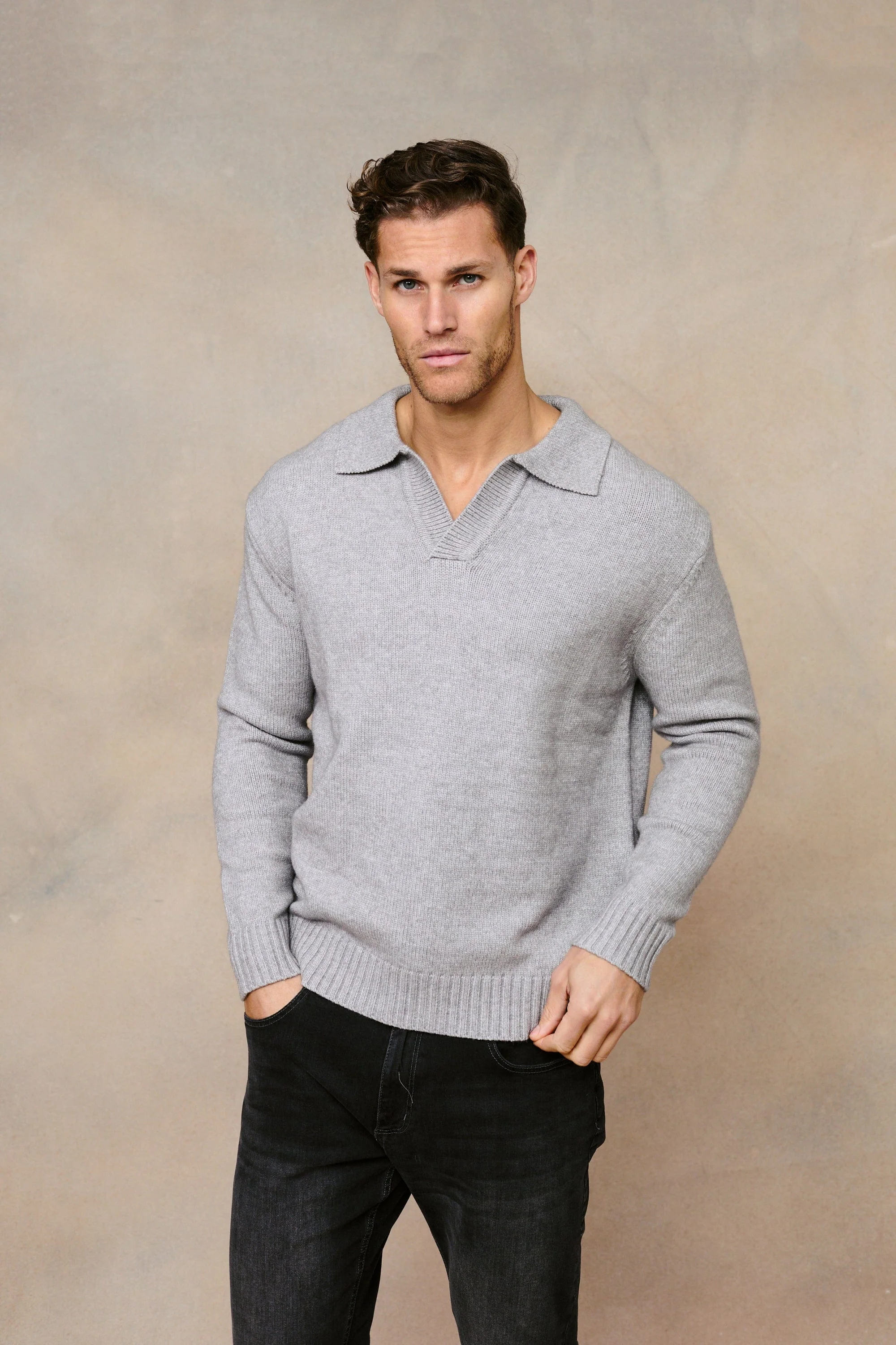 Dylan Chunky Knit Open Collar Sweater - Grey Marl - Image 5