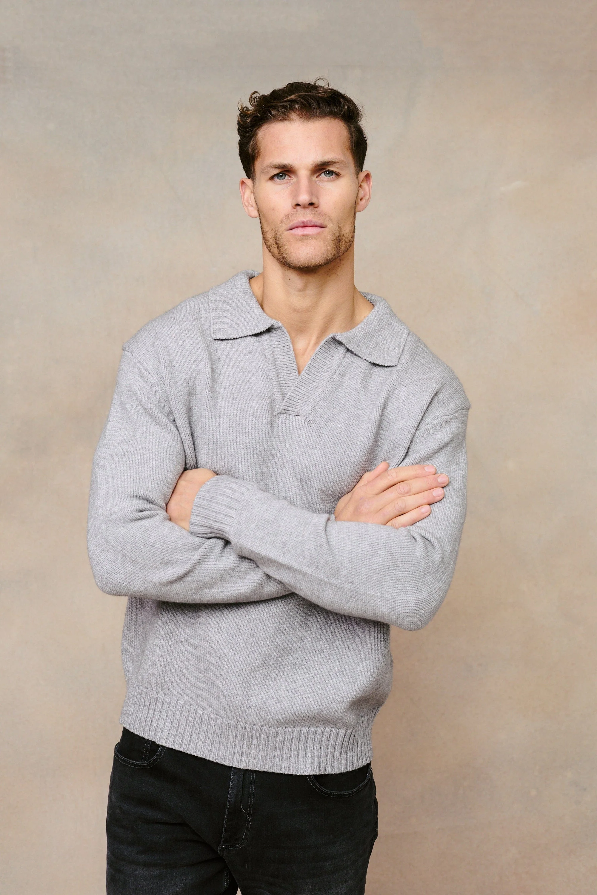Dylan Chunky Knit Open Collar Sweater - Grey Marl - Image 7