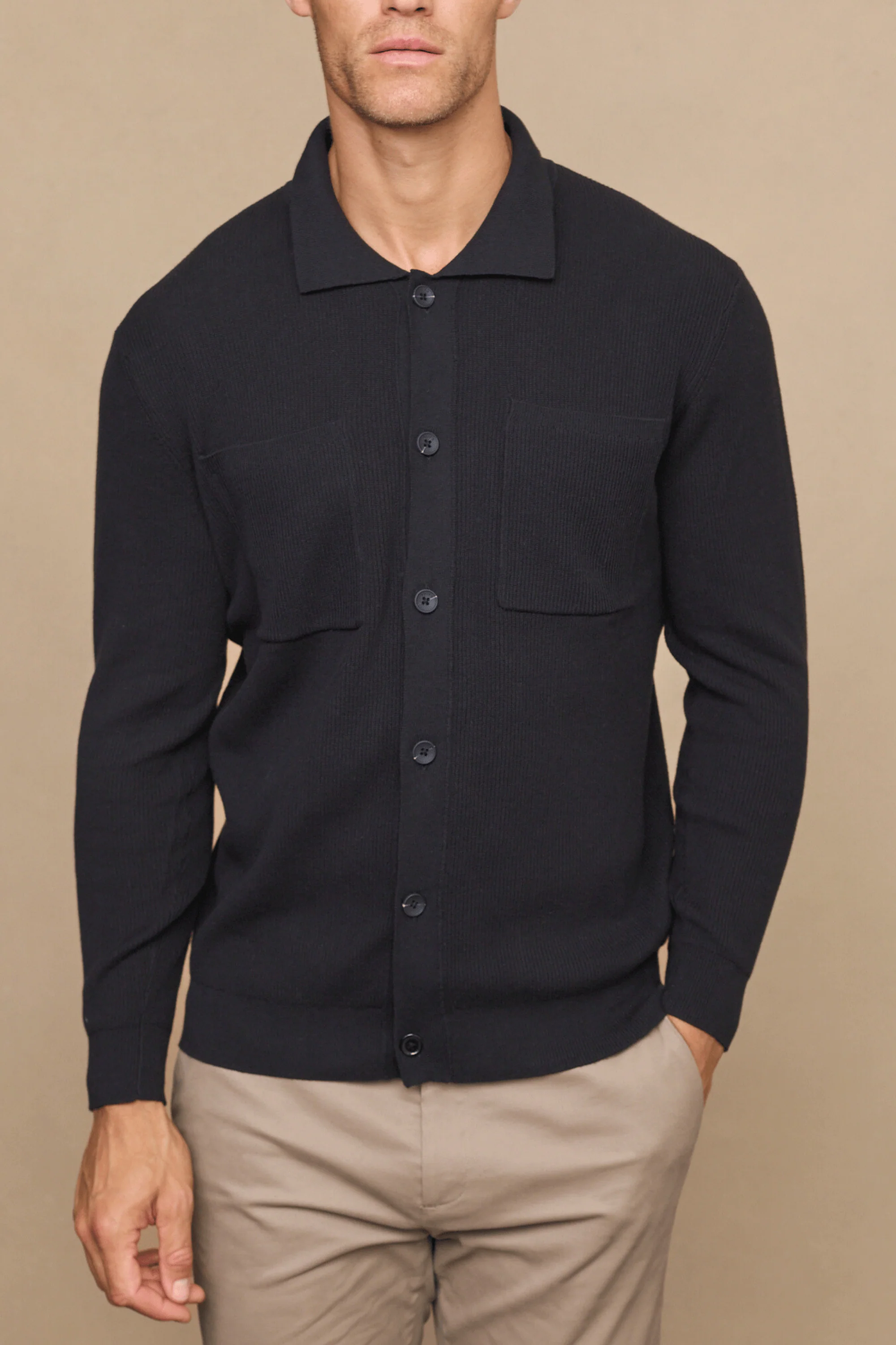 Elias Rib Top Pocket Cardigan - Black - Image 3