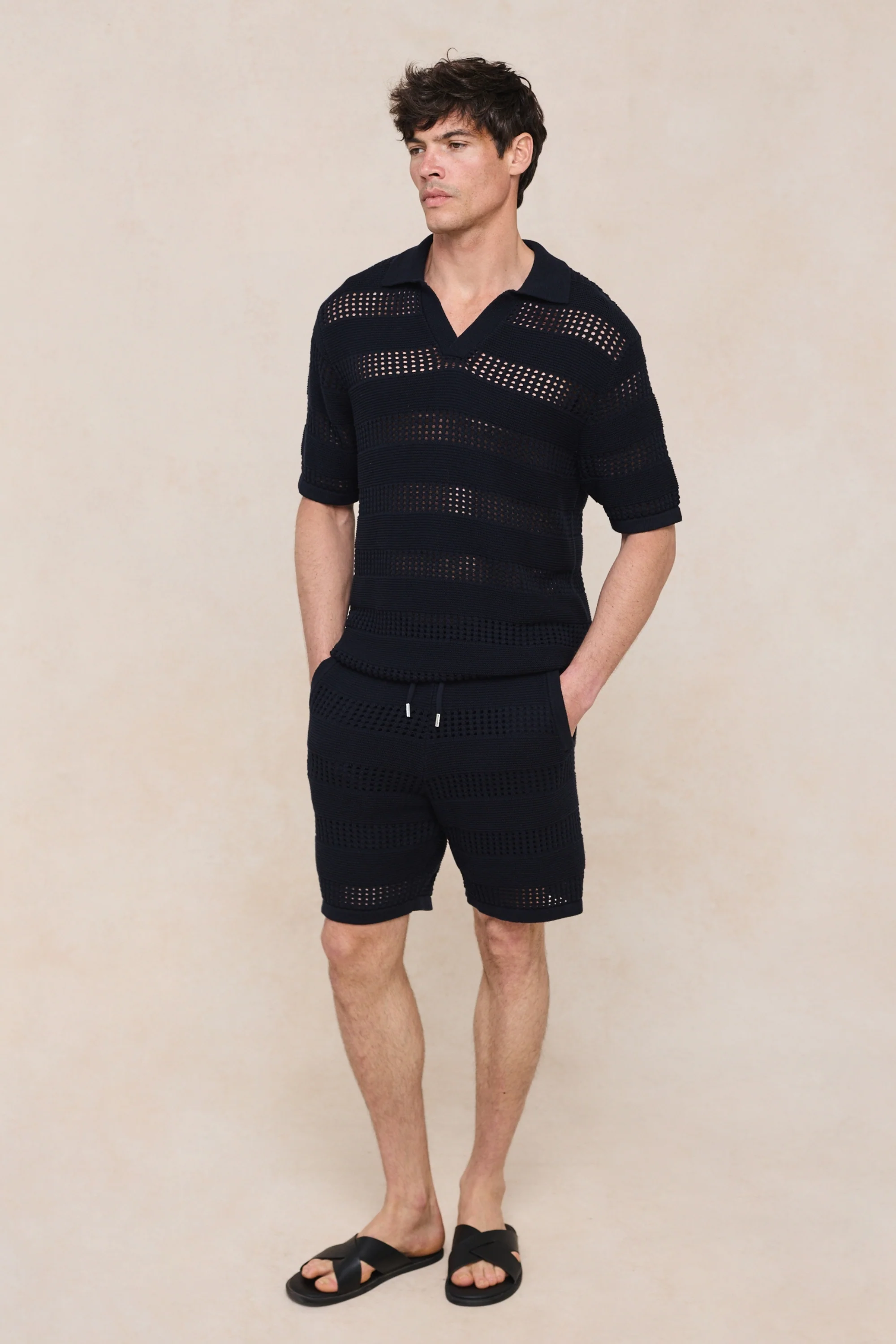 Frattina Crochet Cotton Knit Polo - Navy - Image 4
