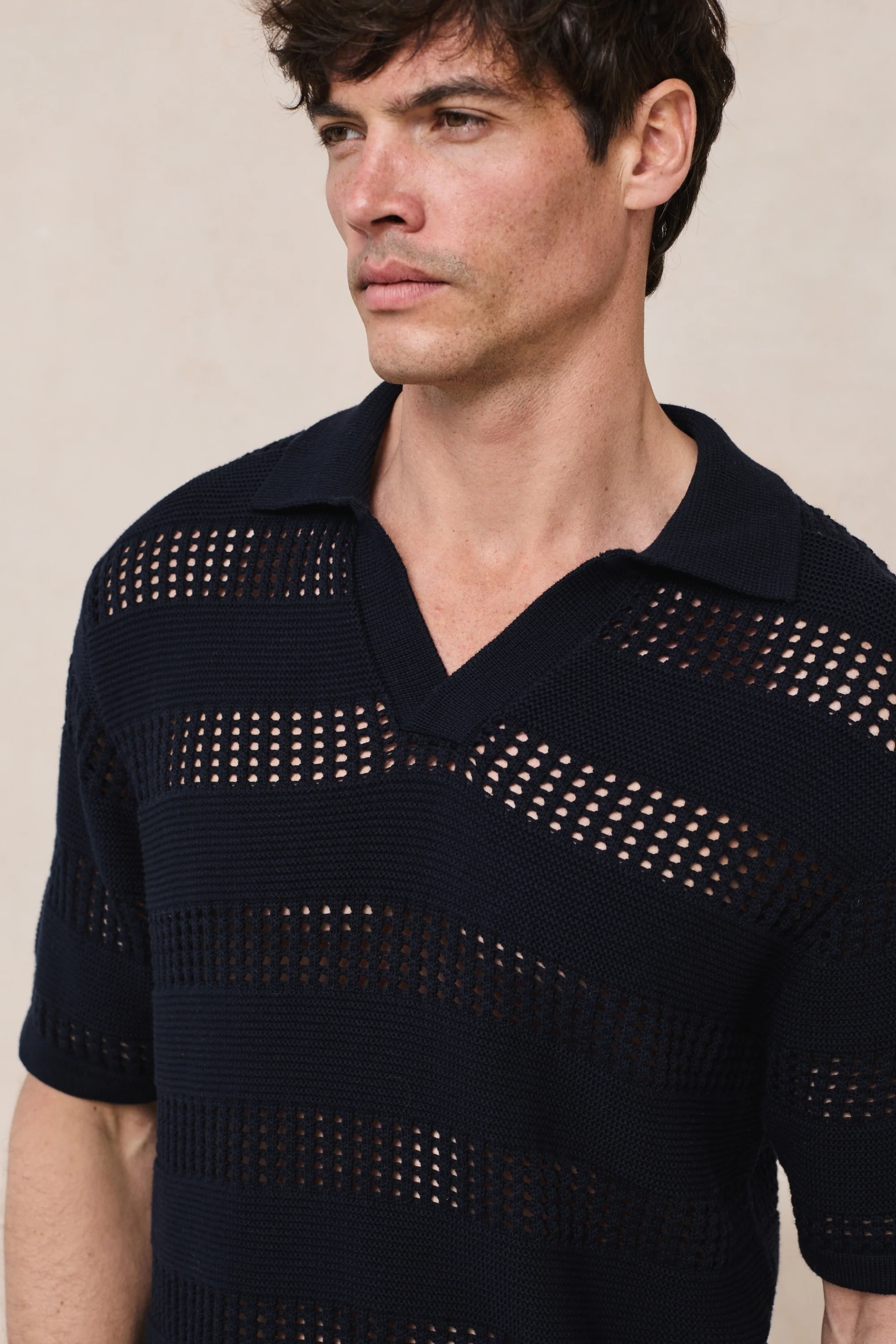 Frattina Crochet Cotton Knit Polo - Navy - Image 6