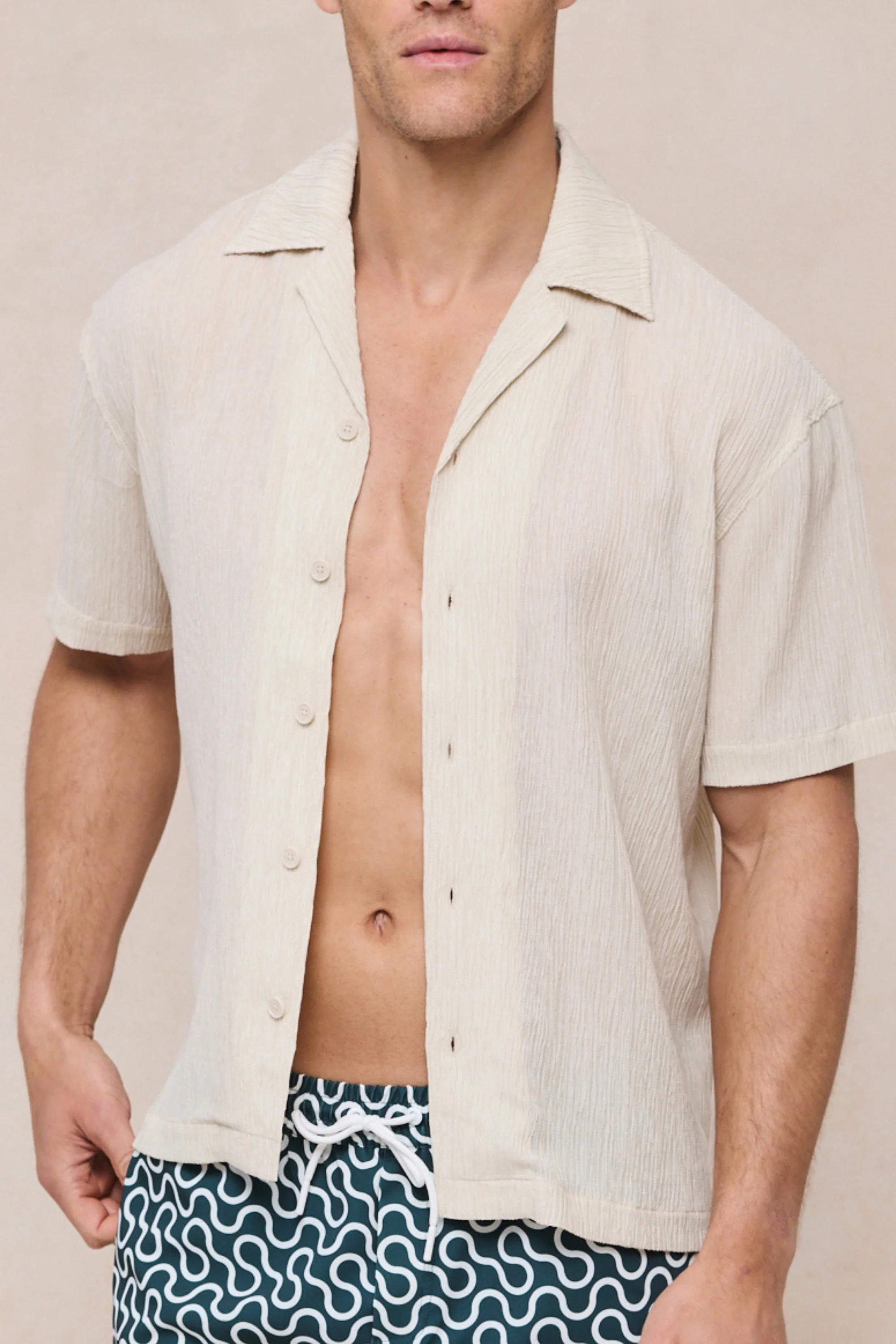 Gabriel Crinkled Tencel Short Sleeve Shirt - Beige - Image 3