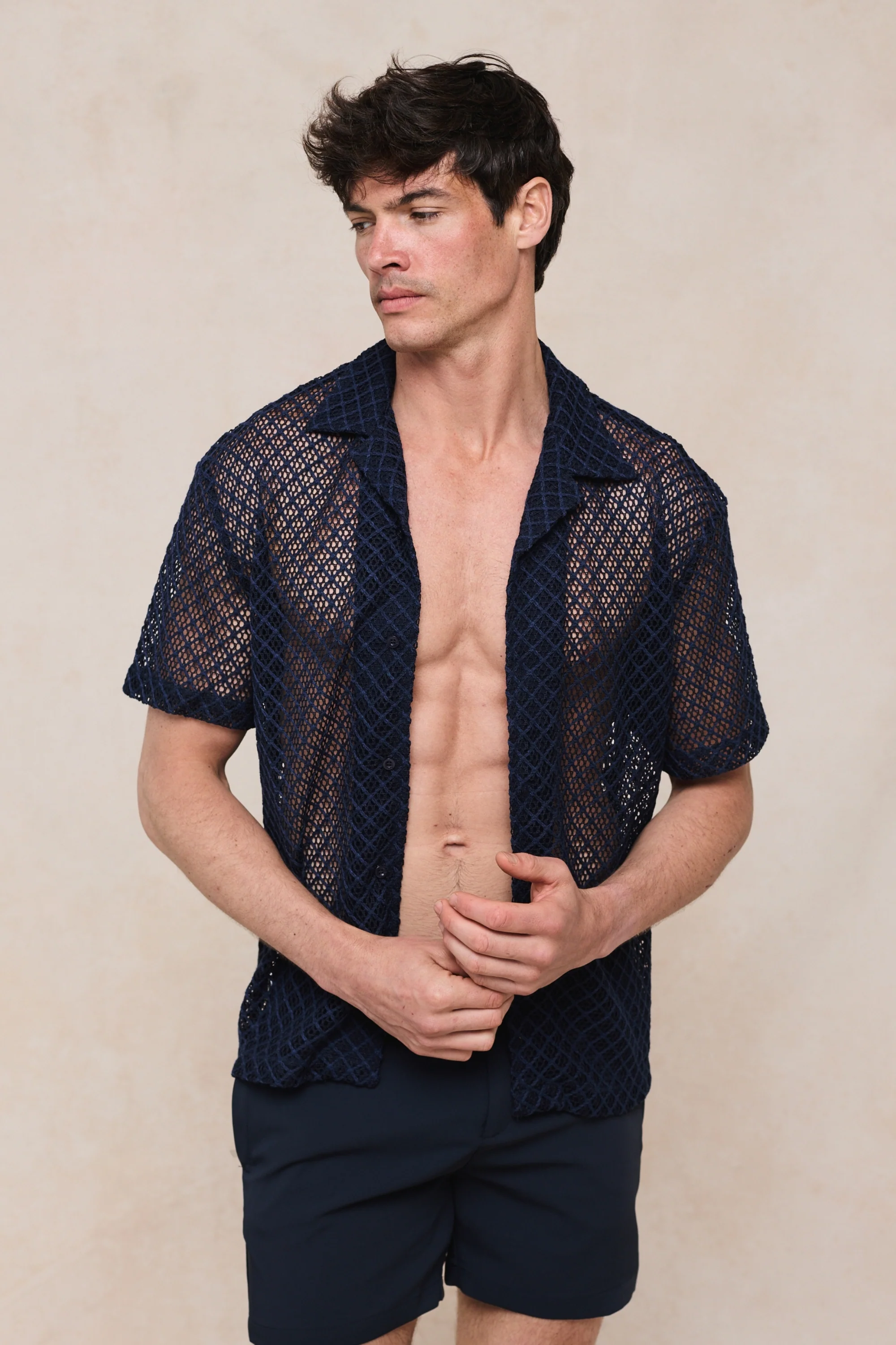 Marcelo Short Sleeve Lace Shirt - Navy - Image 4