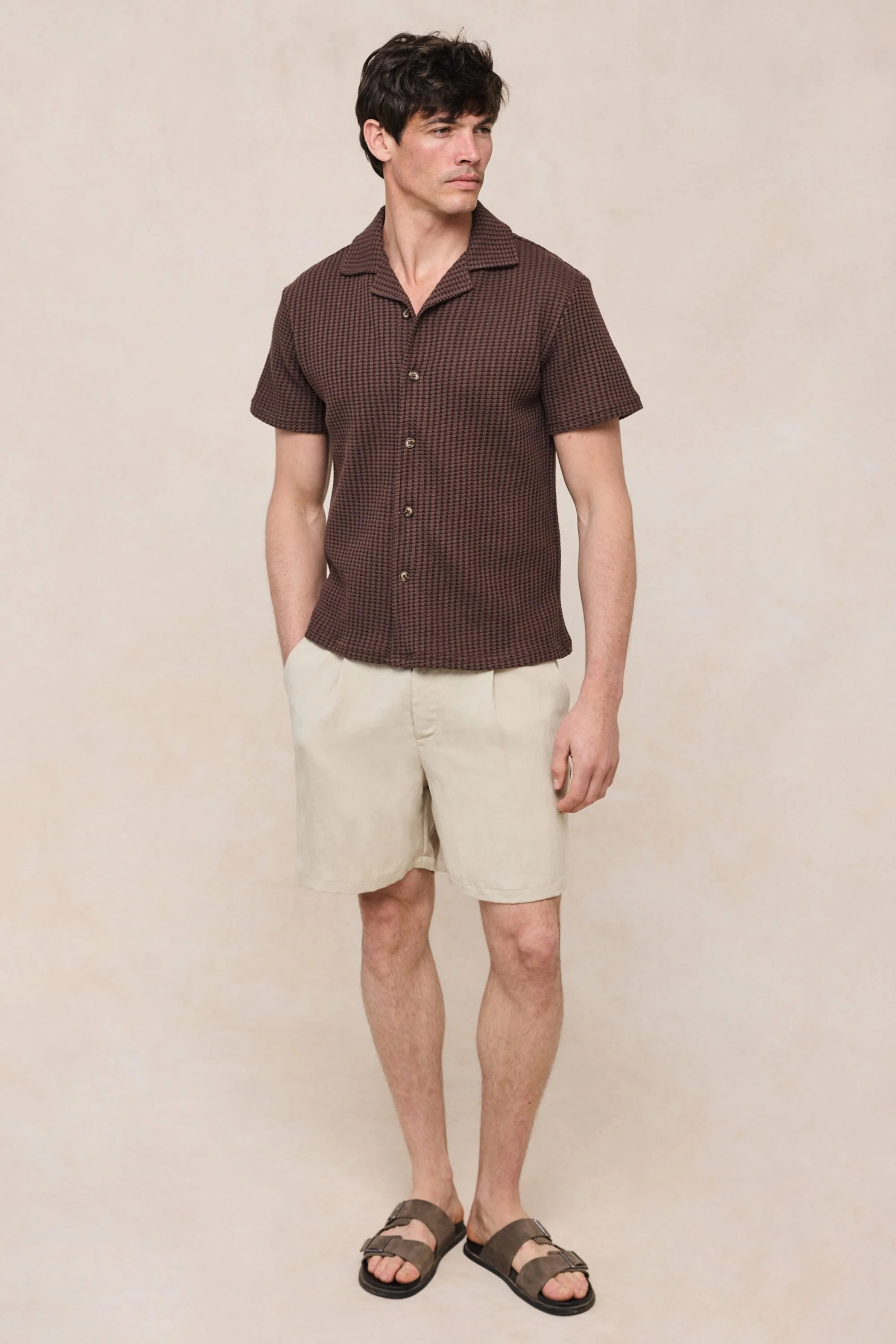 Marcos Patterned Waffle Short Sleeve Shirt - Brown - Image 4