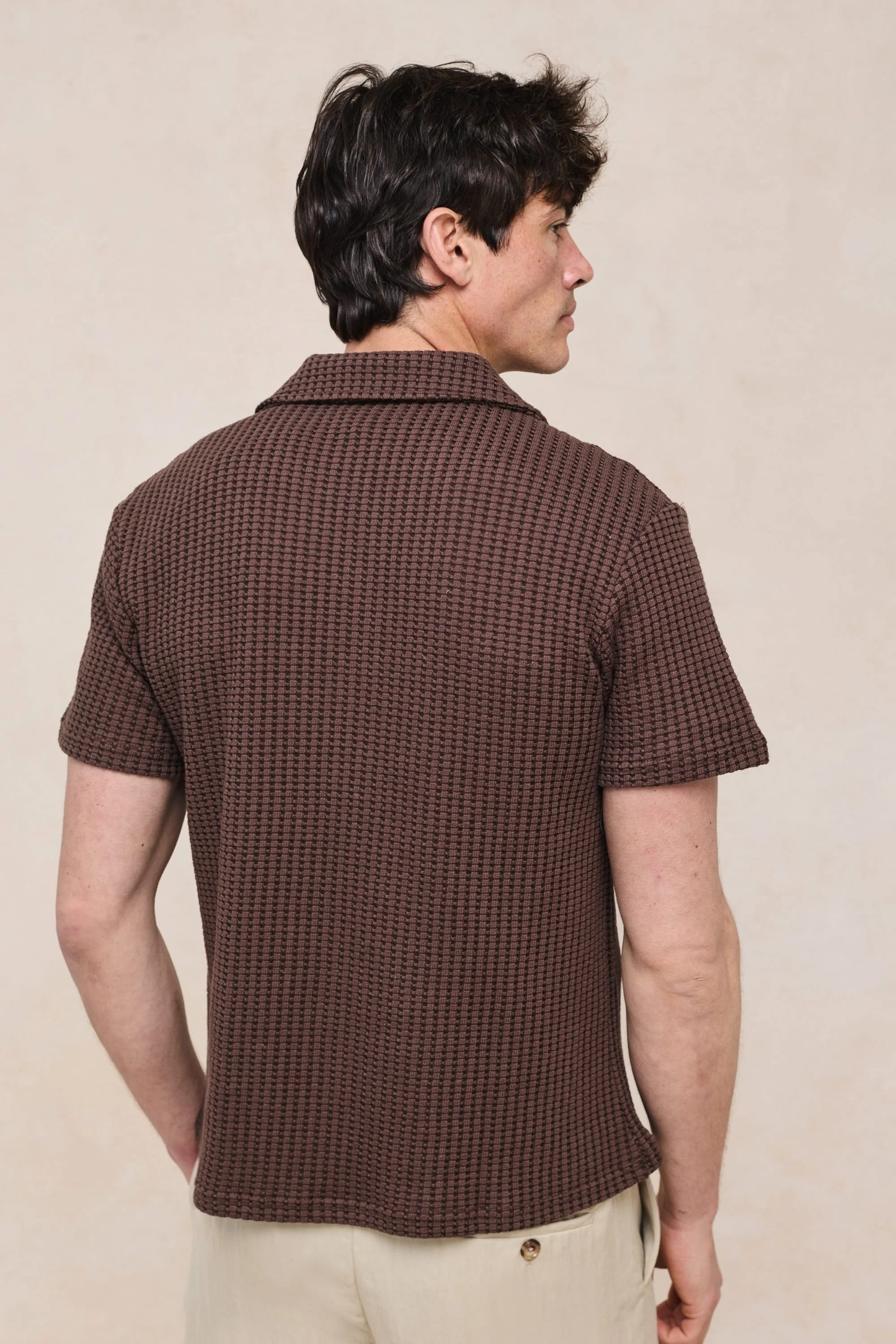 Marcos Patterned Waffle Short Sleeve Shirt - Brown - Image 7