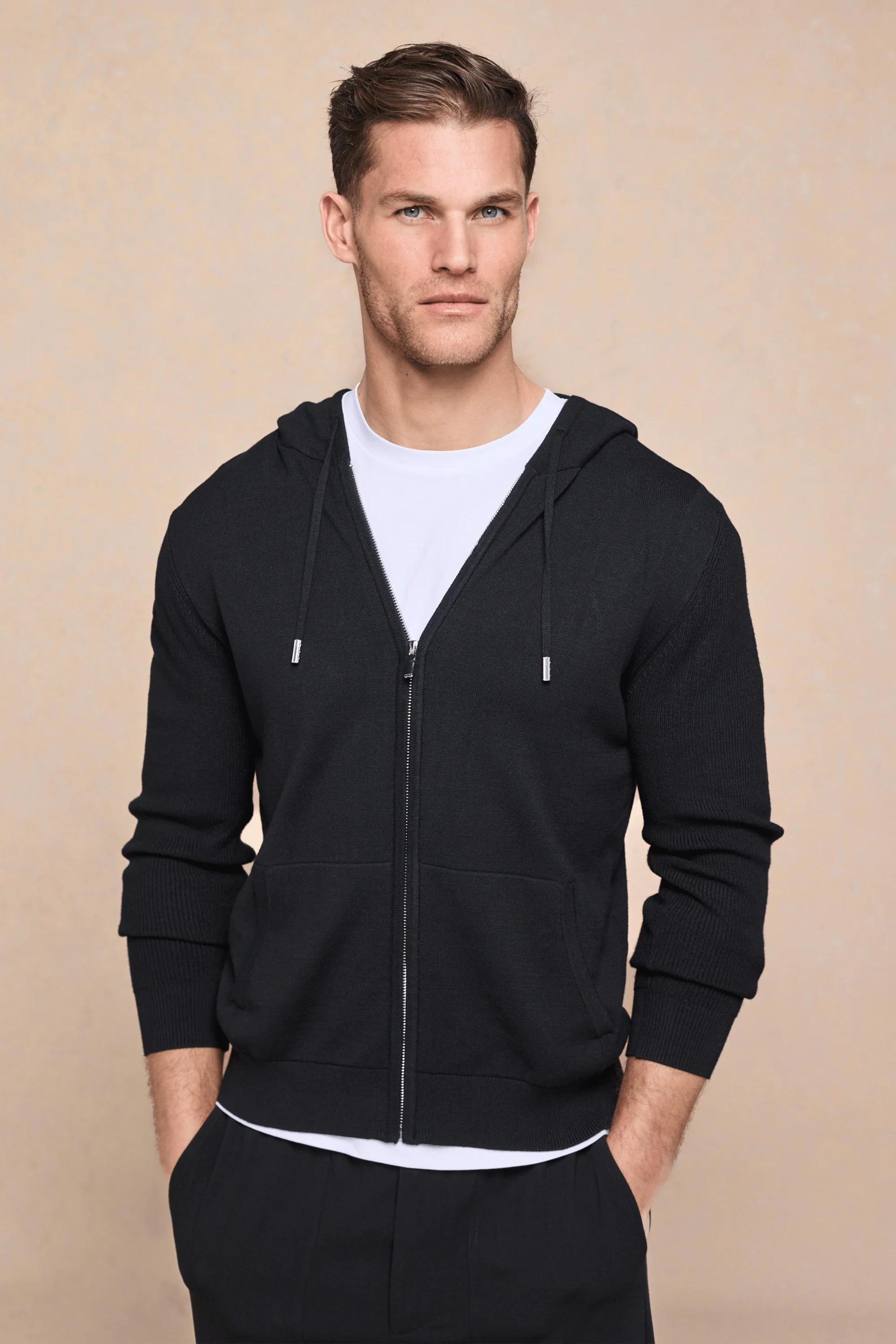 Nolan Knitted Zip Through Hoodie - Black - Image 2