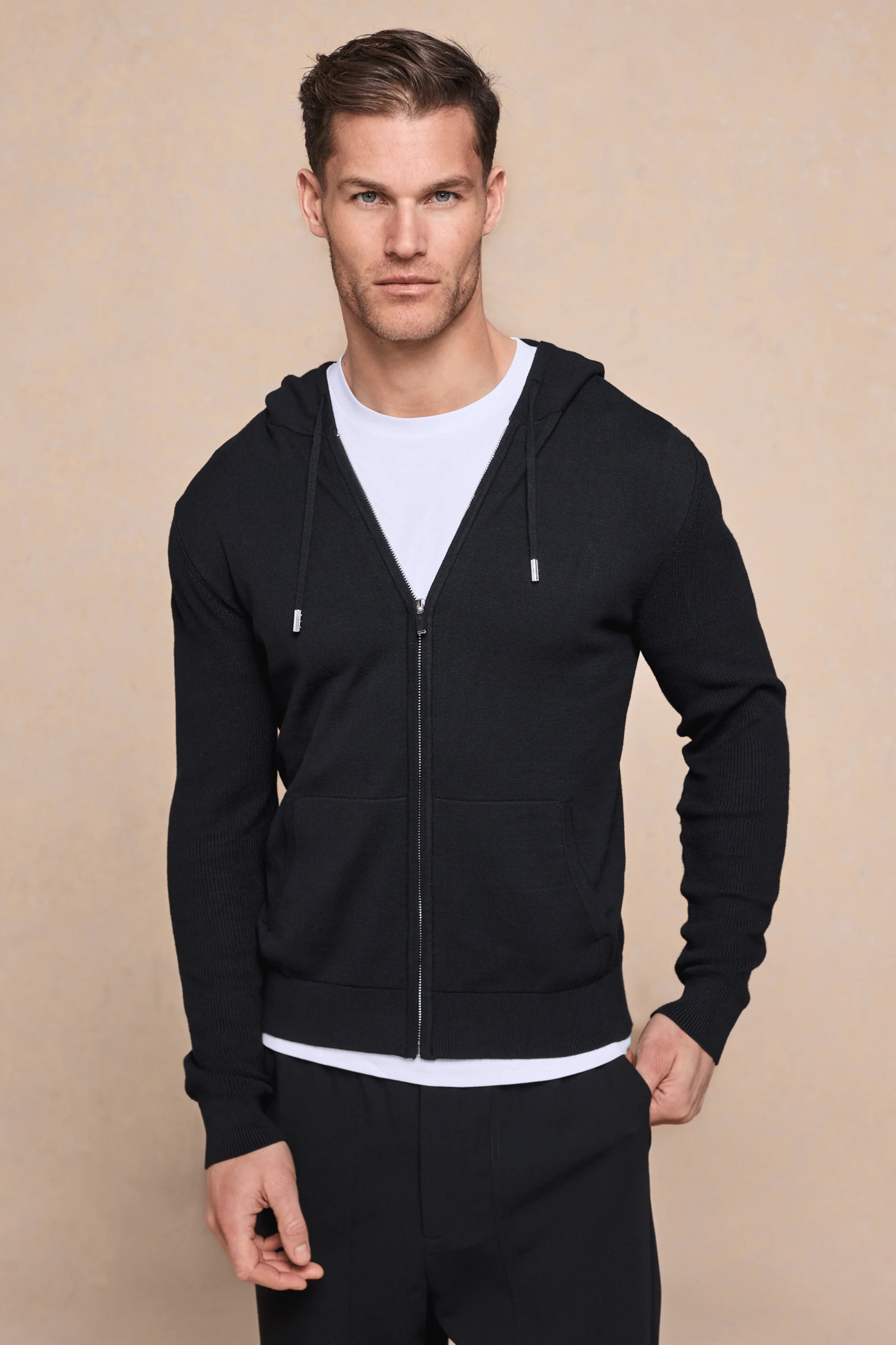Nolan Knitted Zip Through Hoodie - Black - Image 3