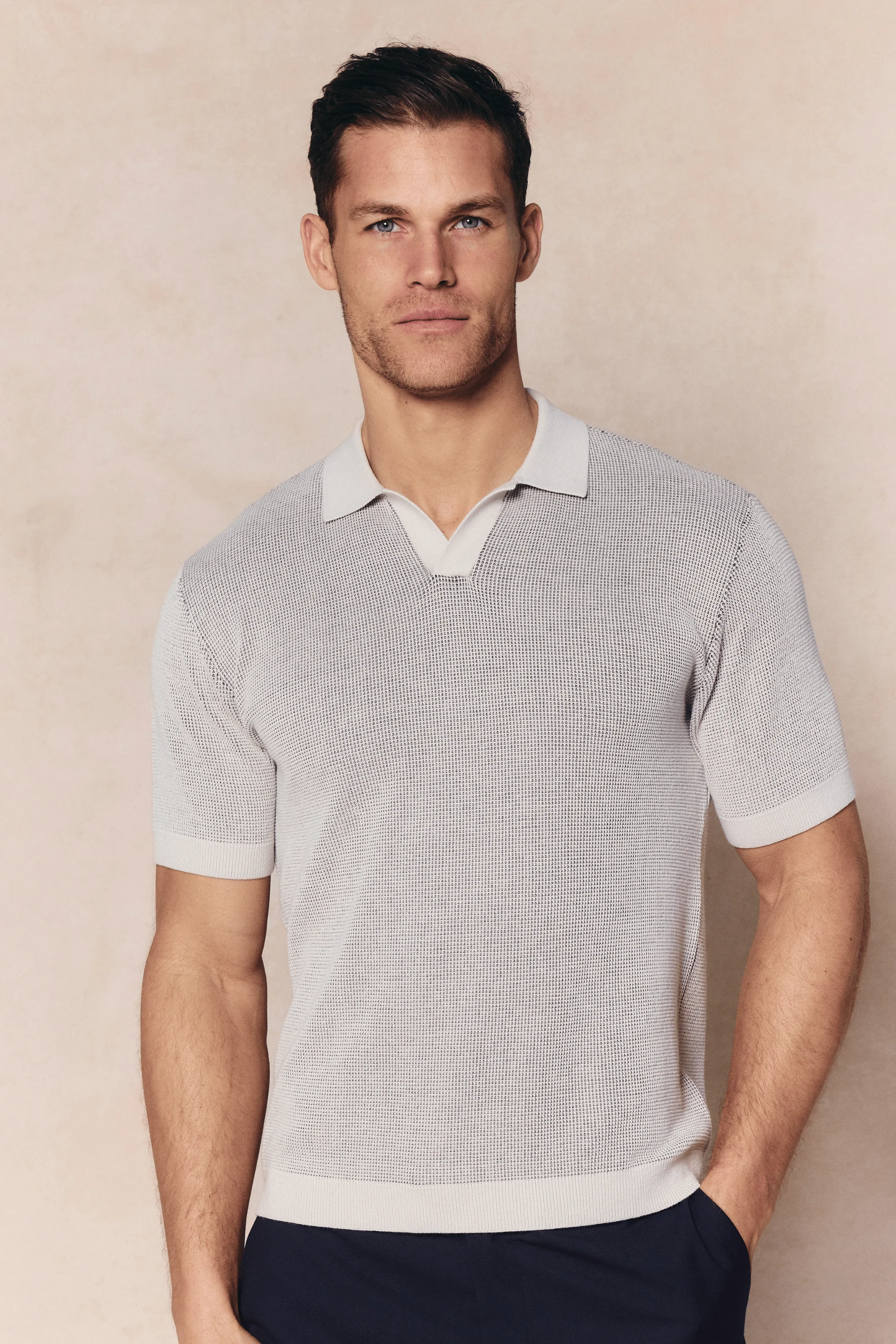 Oscar Two Tone Double Knit Polo Shirt - Neutral - Image 6