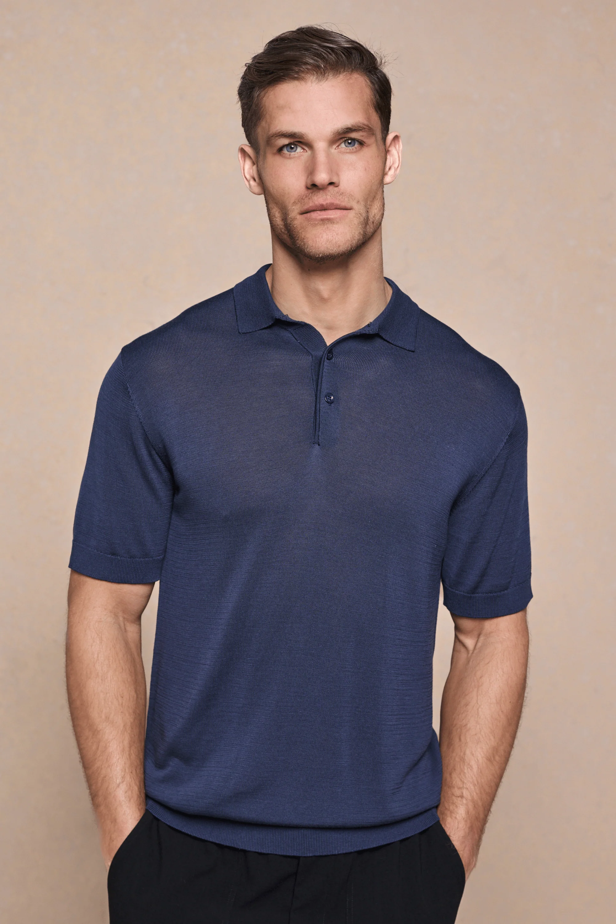 Pablo Half Placket Short Sleeve Knitted Polo - Navy - Image 5