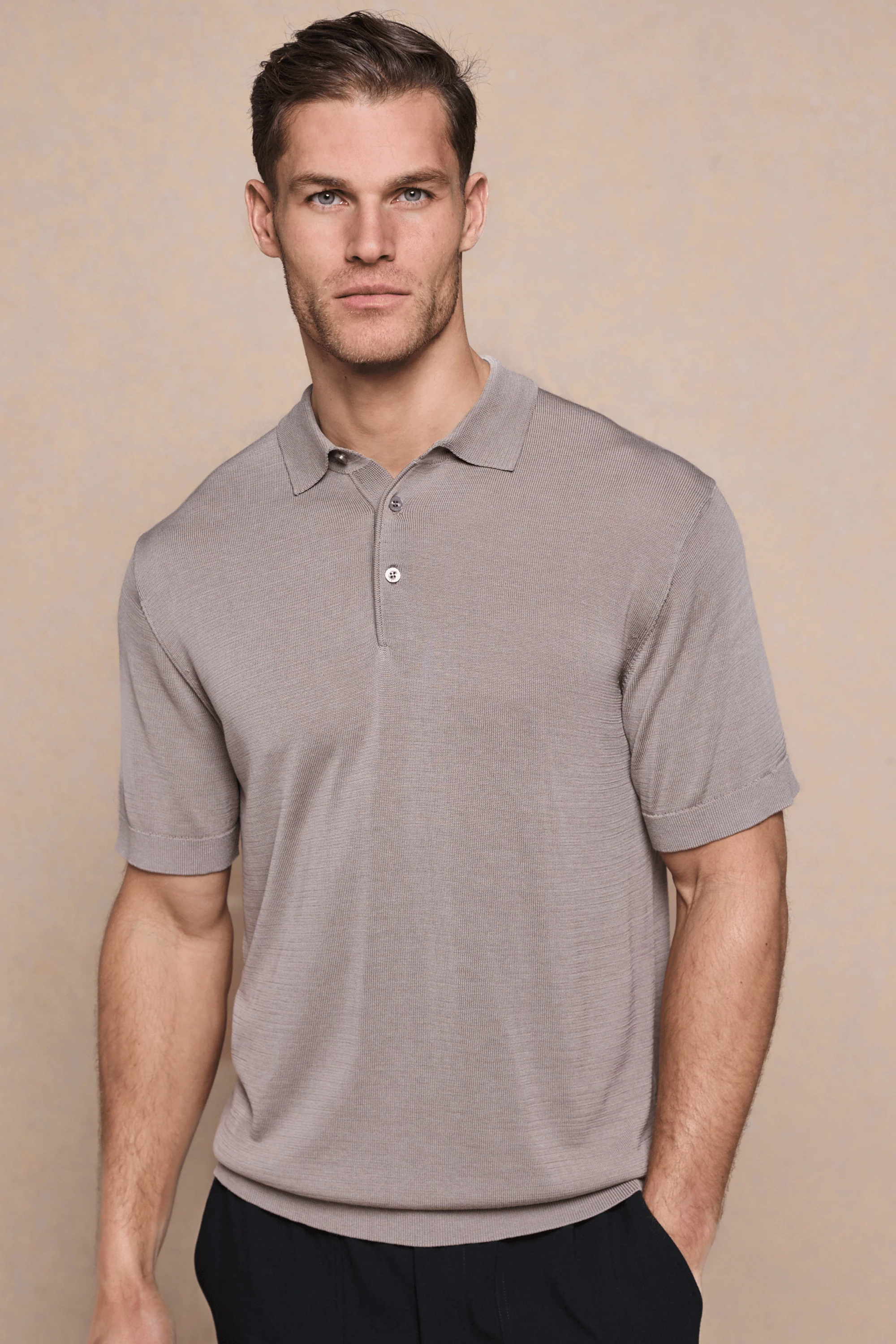 Pablo Half Placket Short Sleeve Knitted Polo - Sand - Image 3