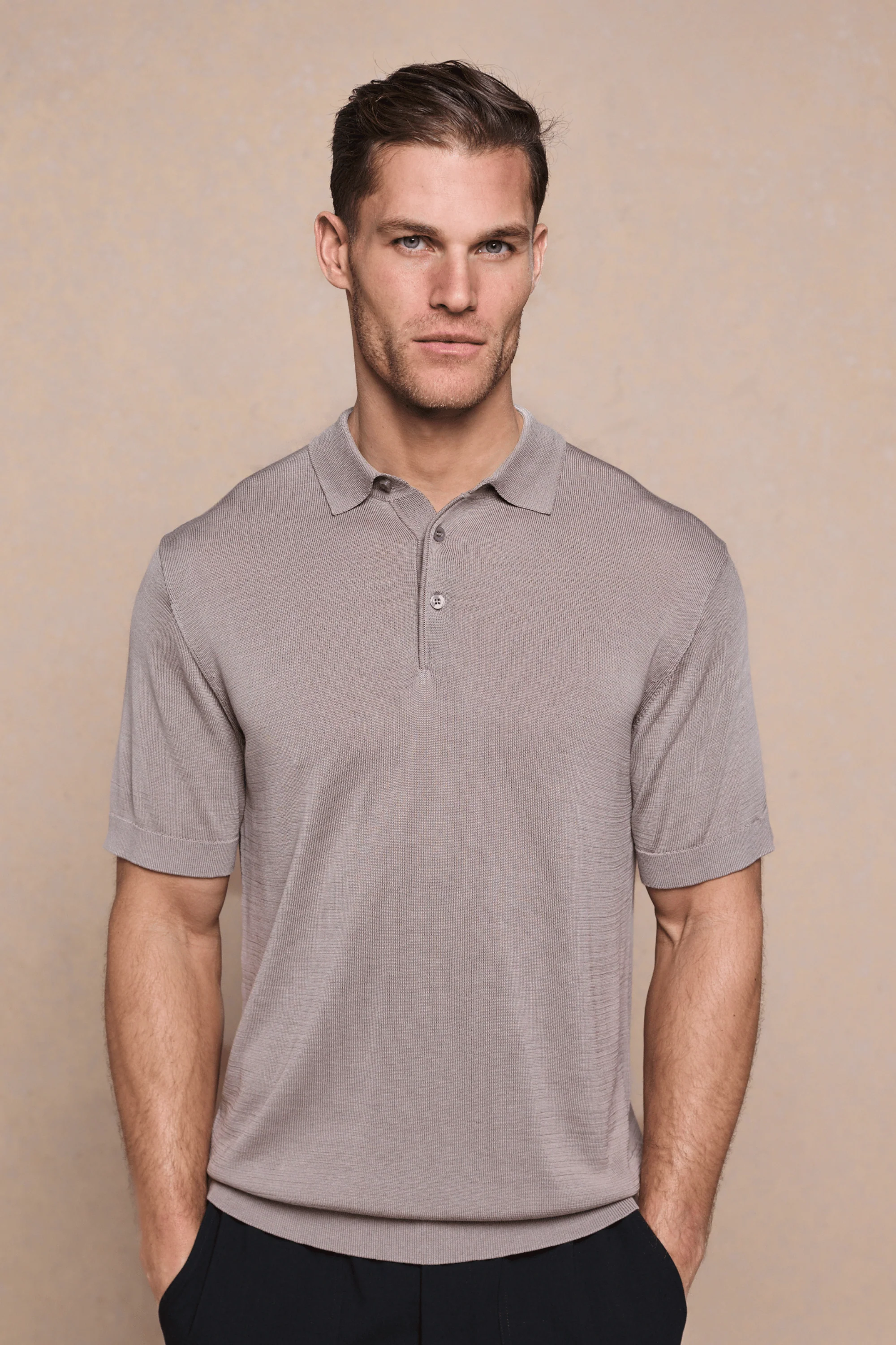 Pablo Half Placket Short Sleeve Knitted Polo - Sand - Image 4