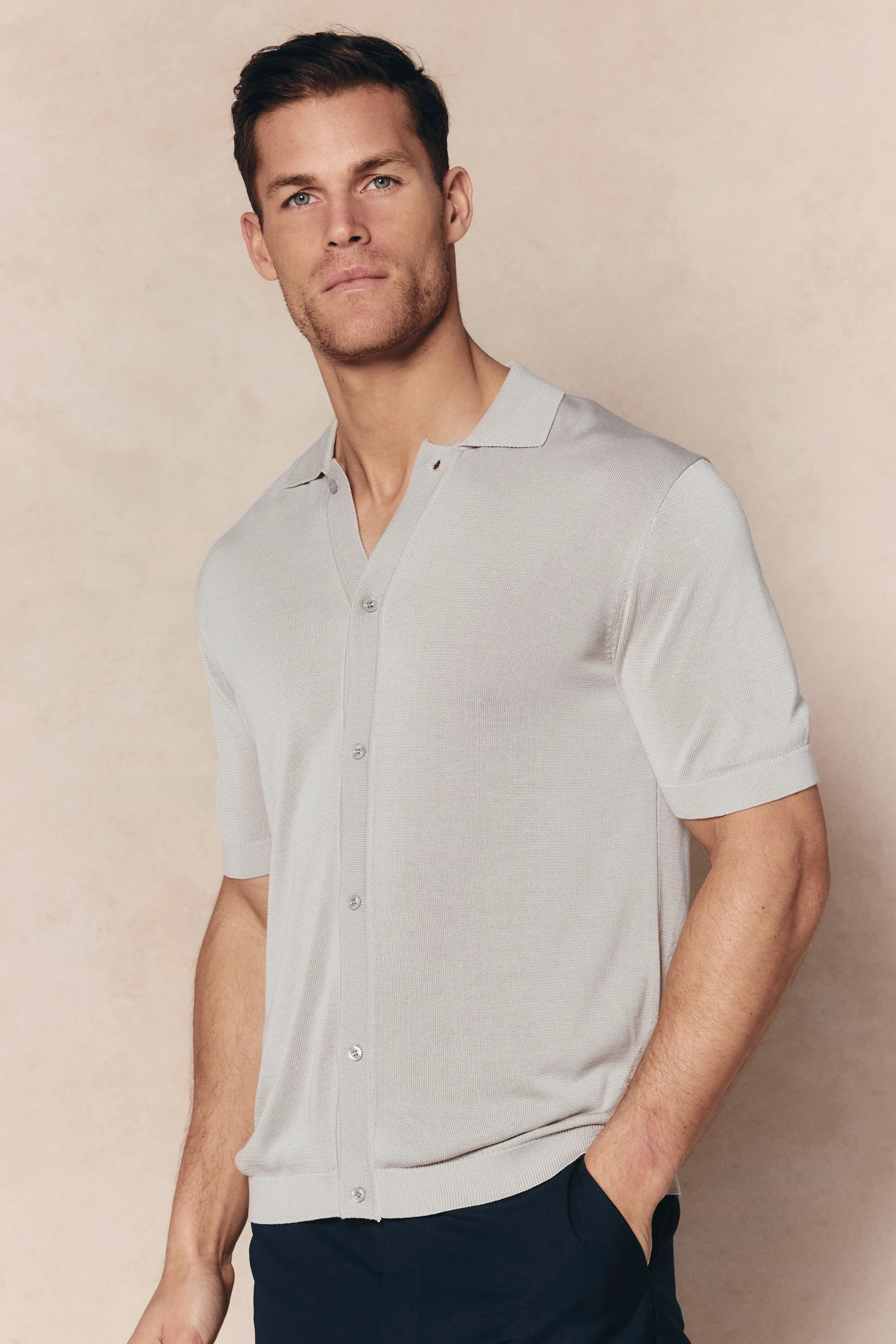 Pedro Button Through Short Sleeve Knitted Shirt - Cream - Image 3