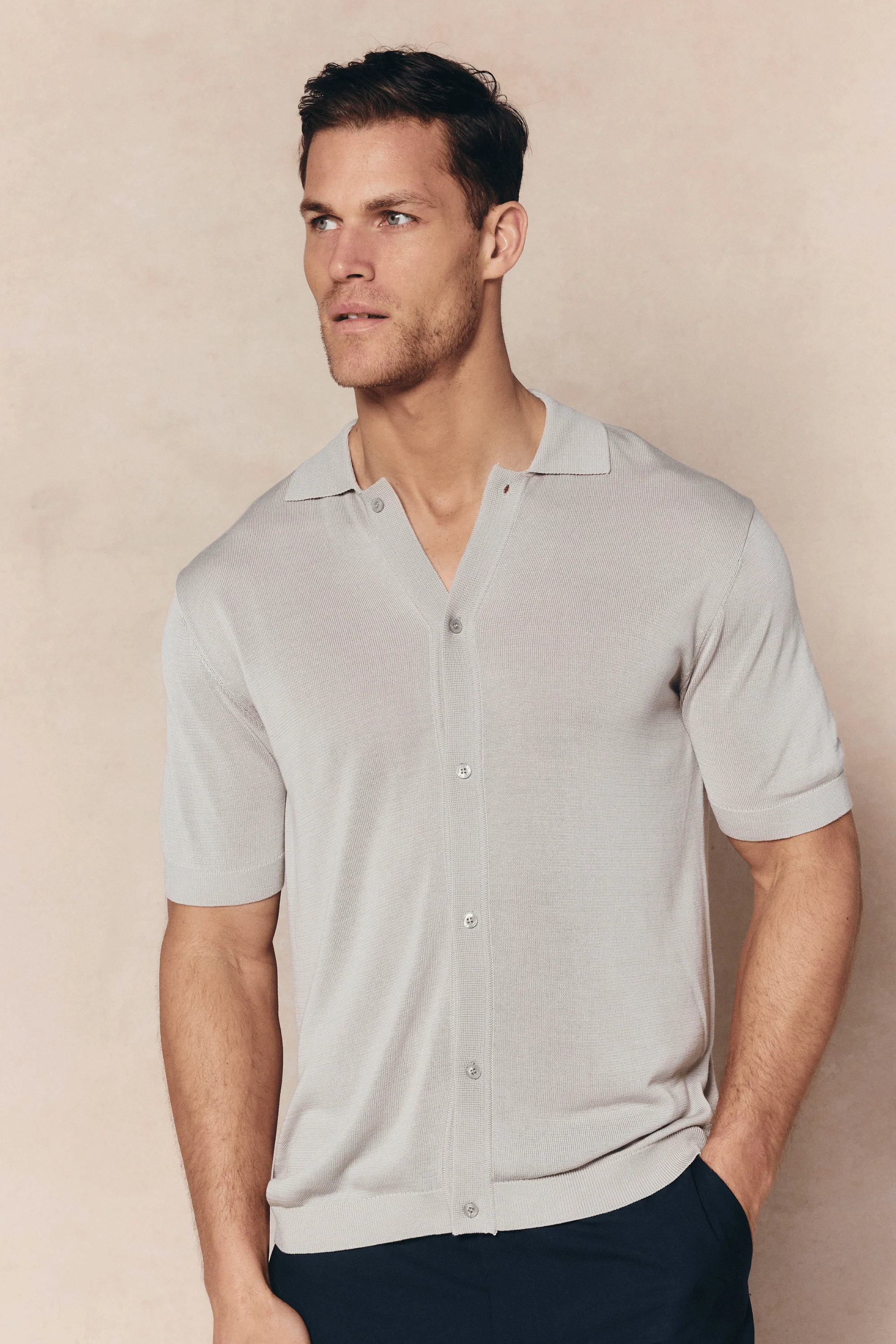 Pedro Button Through Short Sleeve Knitted Shirt - Cream - Image 6