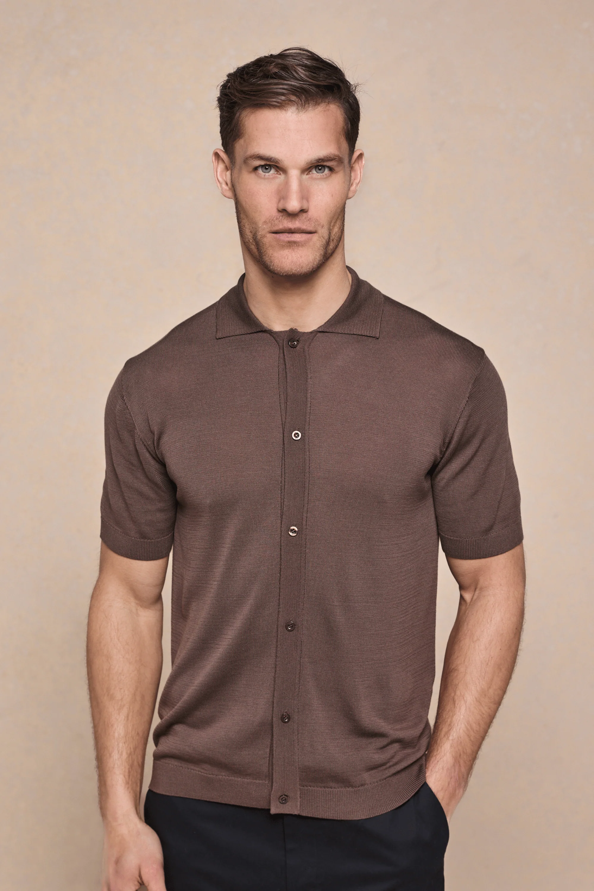 Pedro Button Through Short Sleeve Knitted Shirt - Brown - Image 5