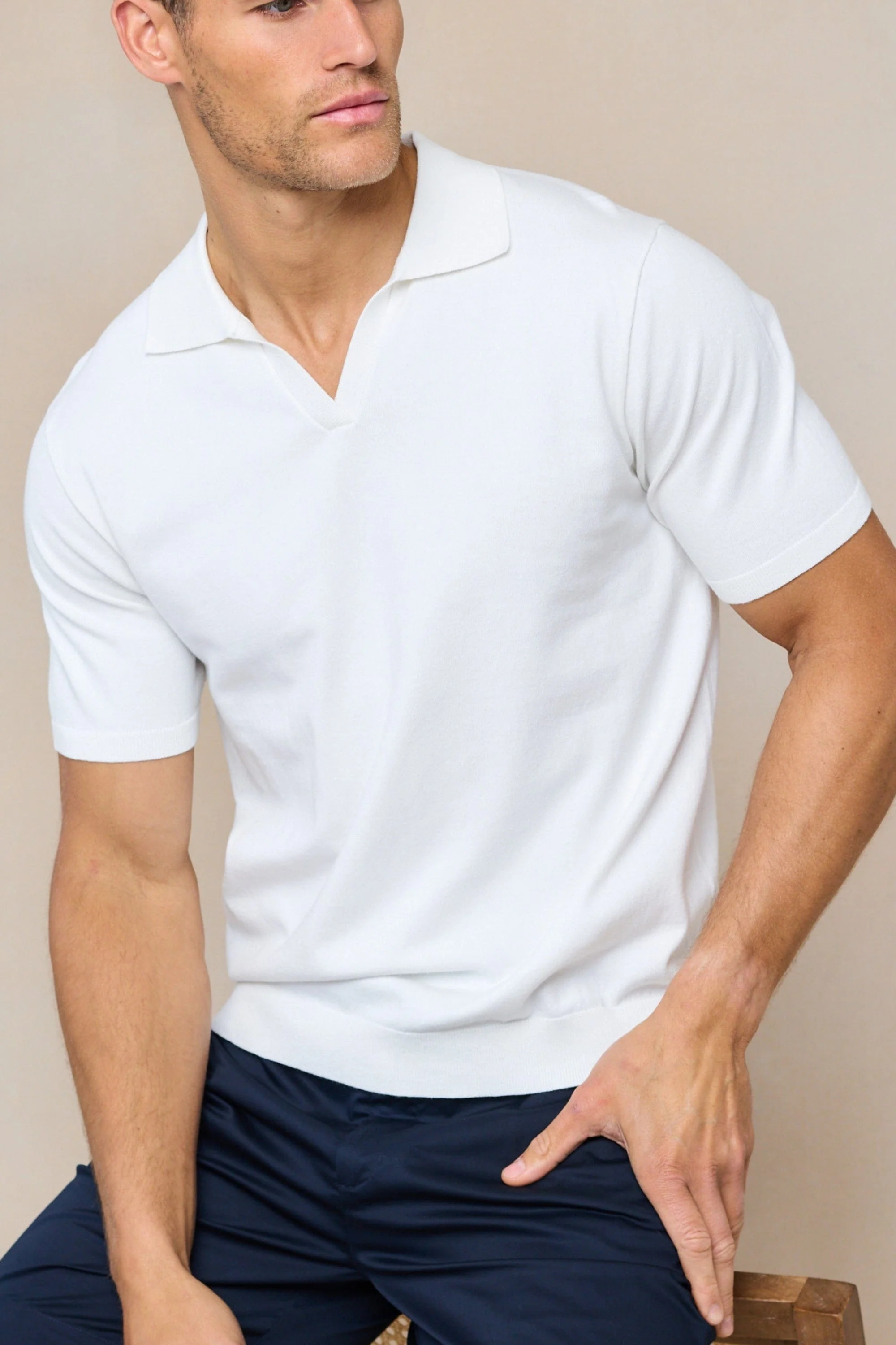 Privia Knitted Open Neck Polo - Ecru - Image 3