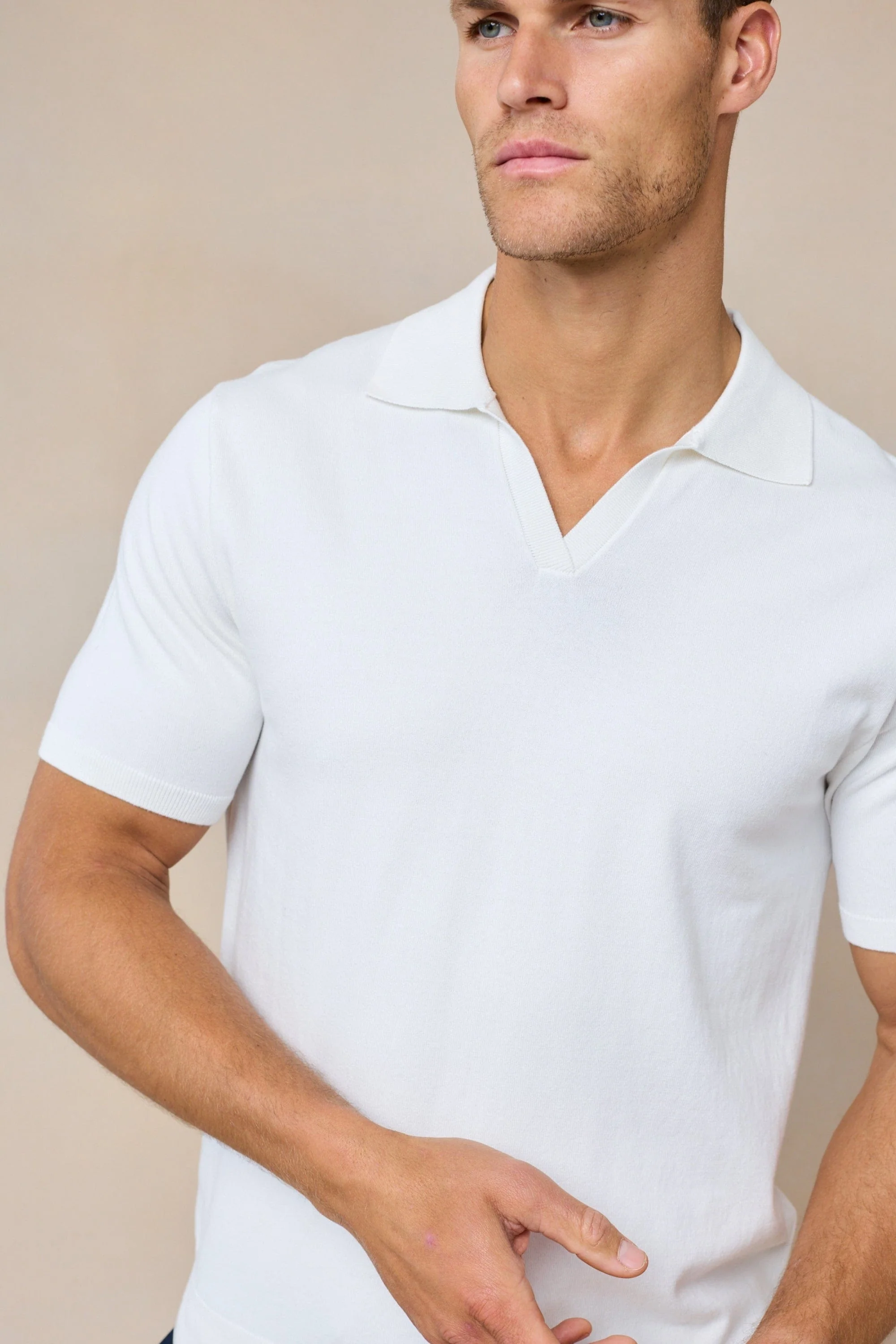Privia Knitted Open Neck Polo - Ecru - Image 4