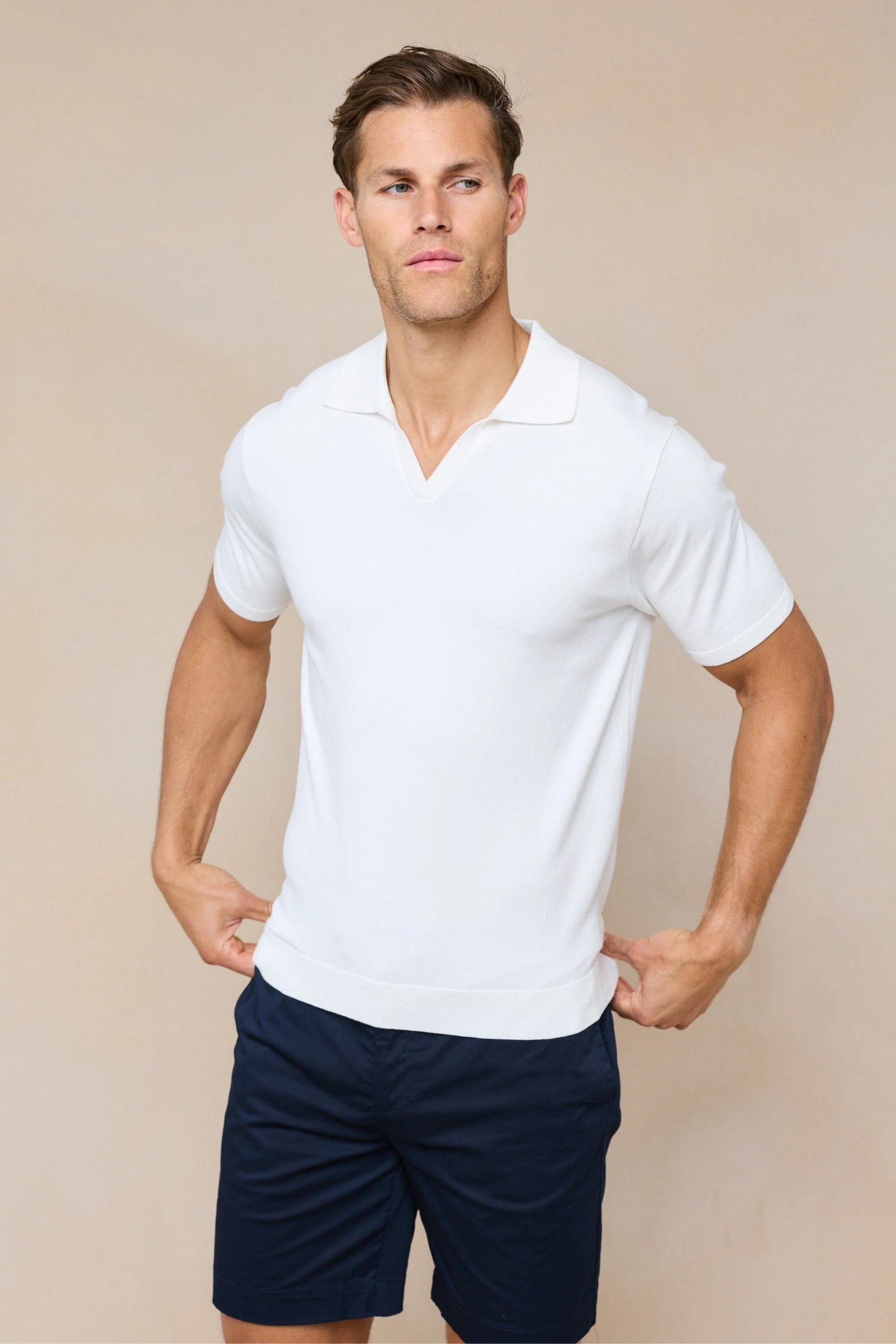 Privia Knitted Open Neck Polo - Ecru - Image 8