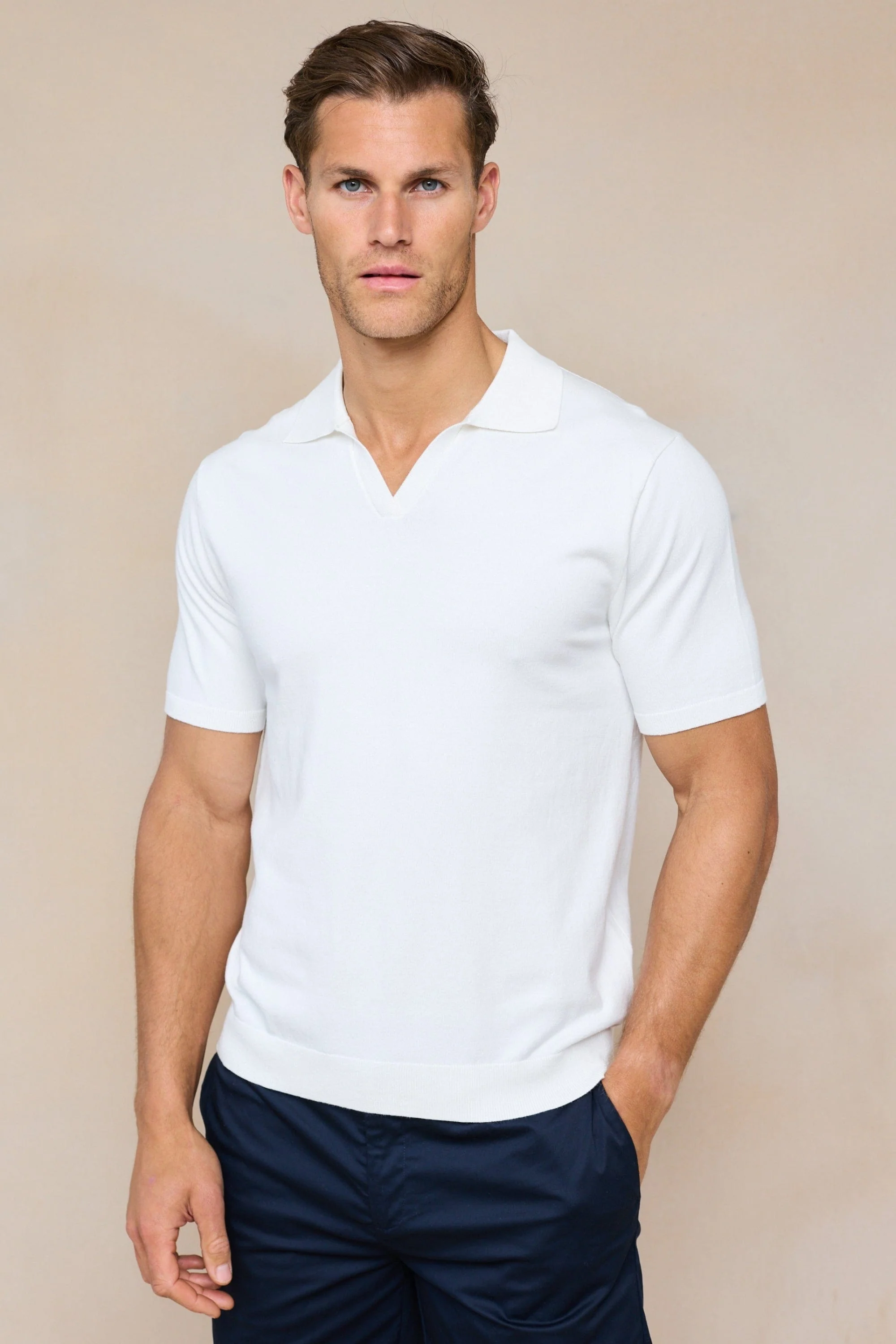 Privia Knitted Open Neck Polo - Ecru - Image 9
