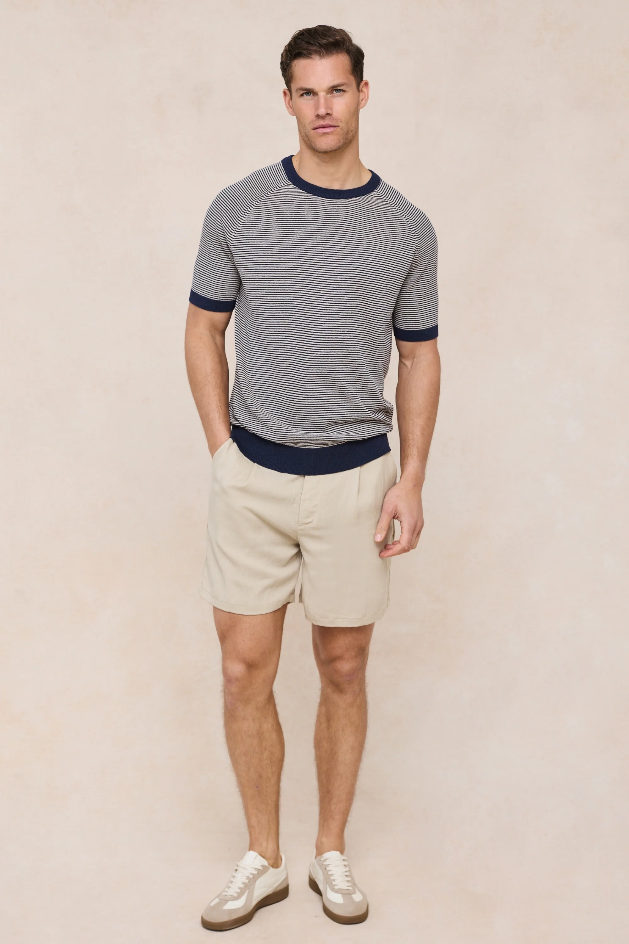 Rafael Linen Striped Crew Neck T-Shirt - Navy/Beige - Image 3