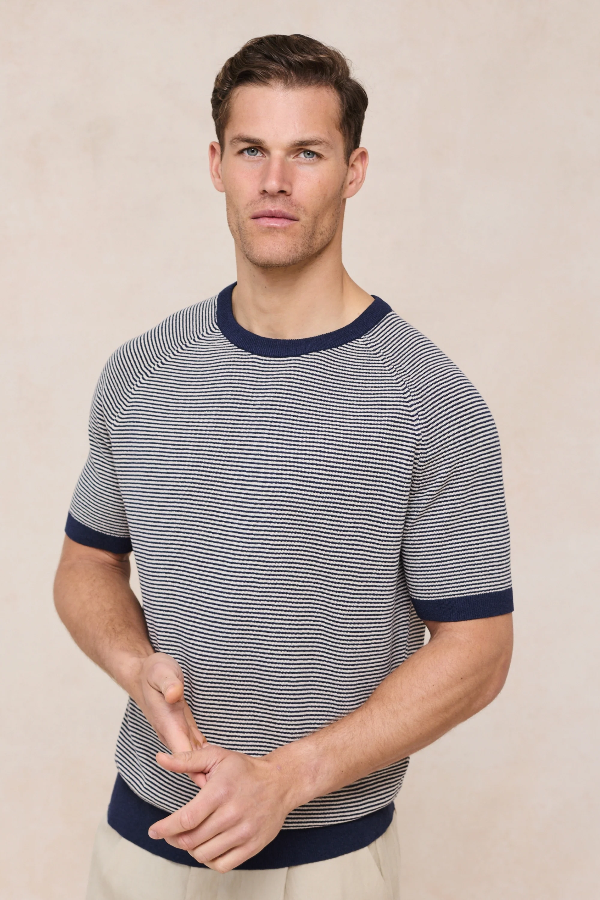 Rafael Linen Striped Crew Neck T-Shirt - Navy/Beige - Image 4