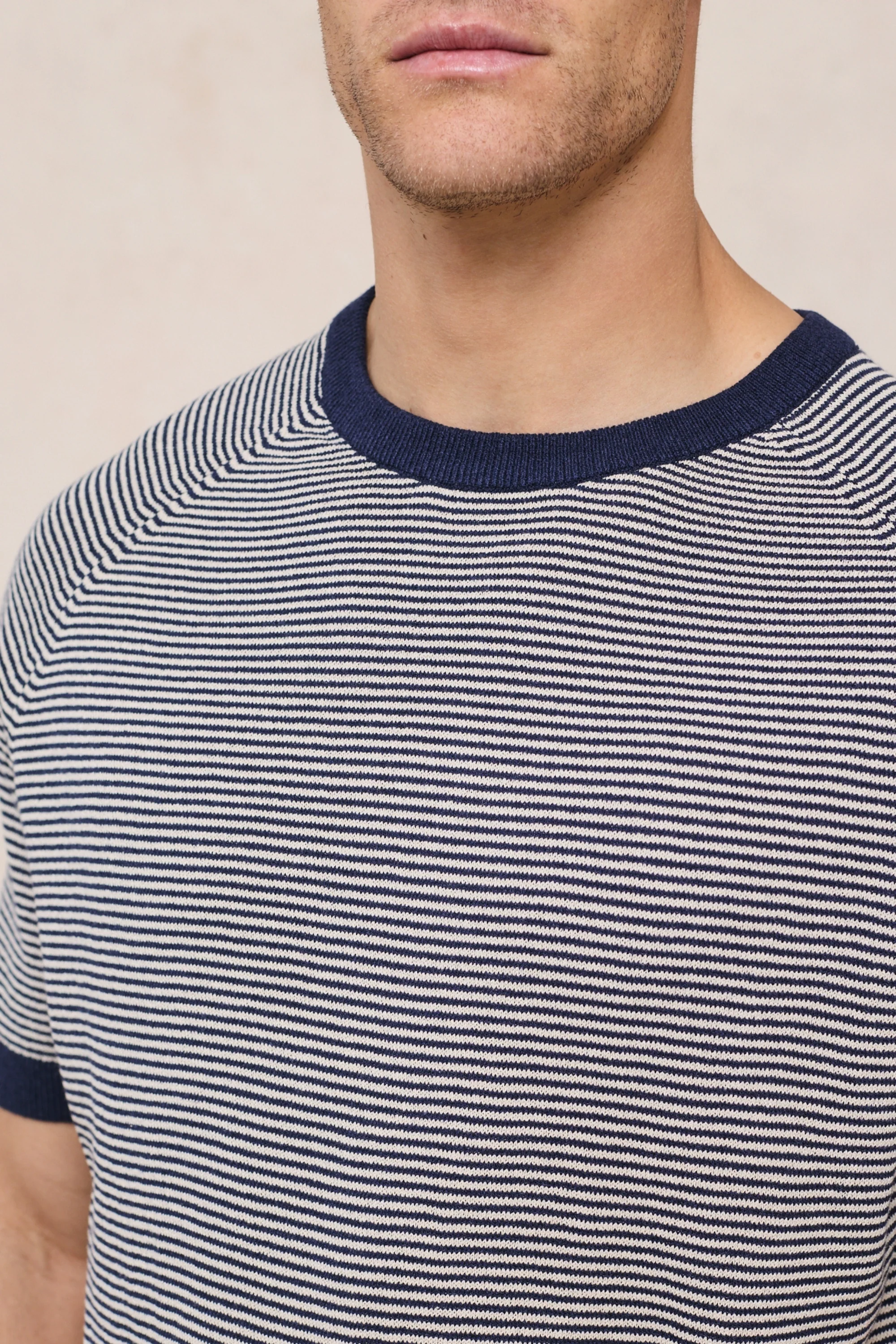 Rafael Linen Striped Crew Neck T-Shirt - Navy/Beige - Image 6