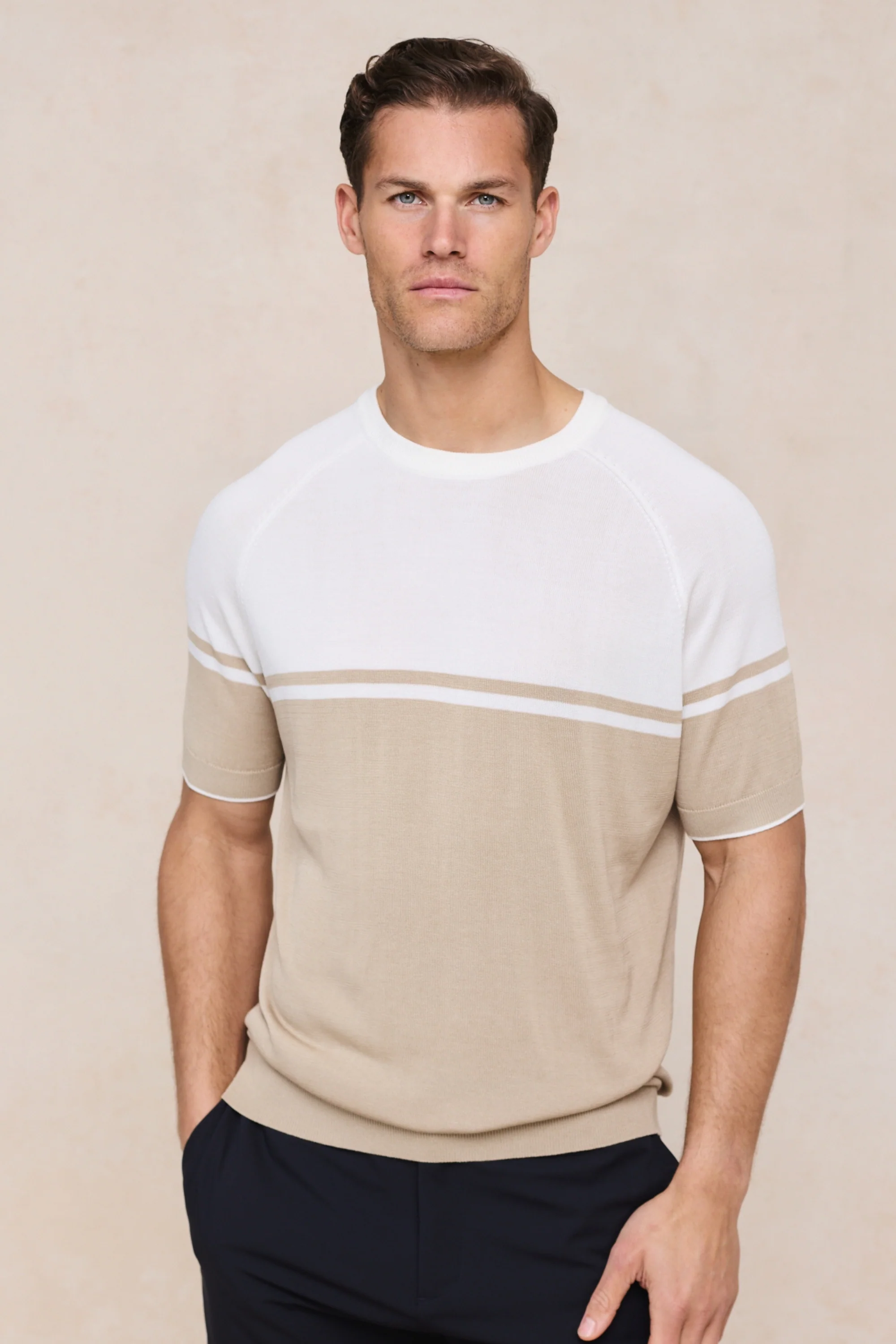 Riera Colour Block Knit Crew Neck T-Shirt - Beige/Ecru - Image 3