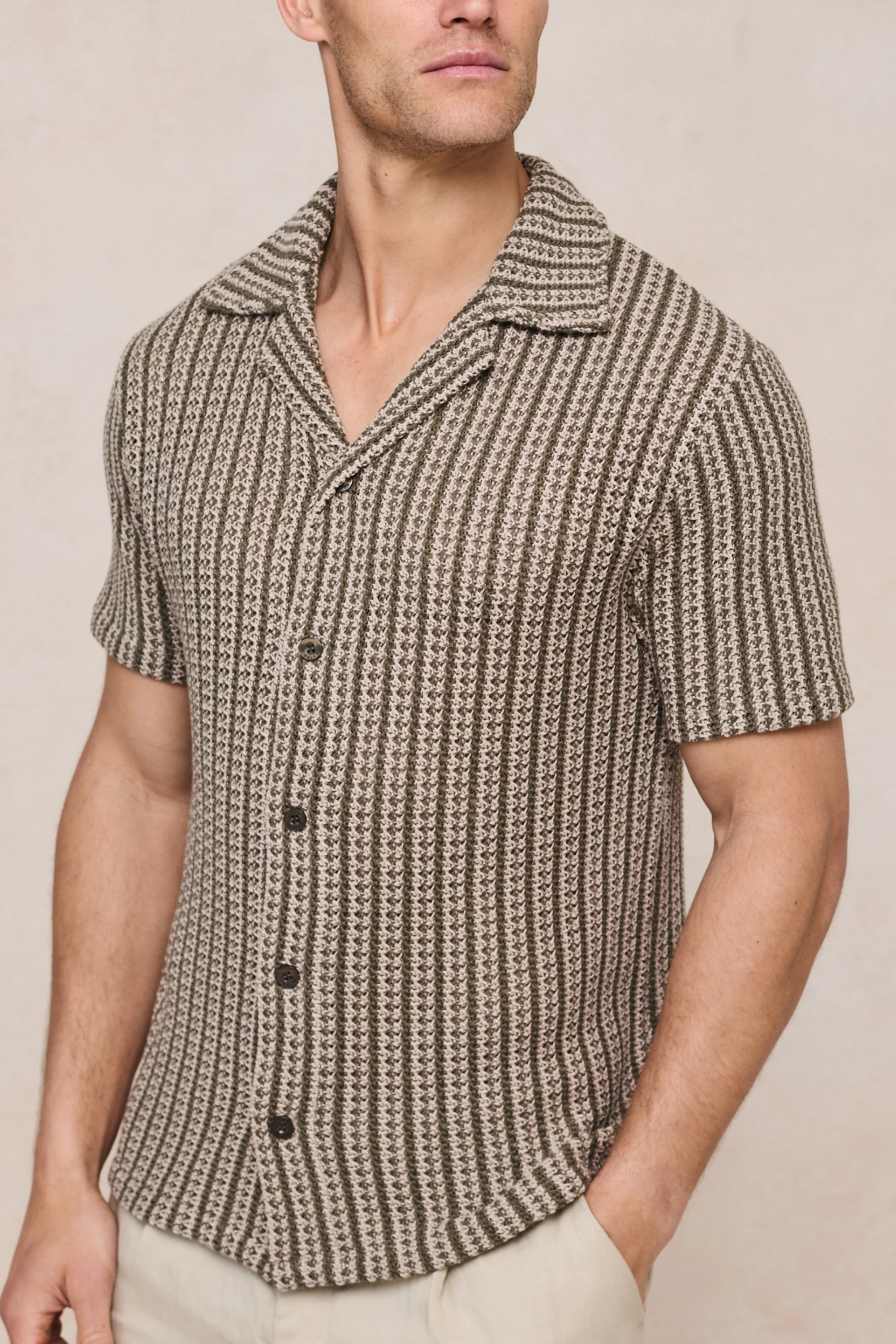 Salvador Knitted Camp Collar Shirt - Khaki/Sand - Image 2