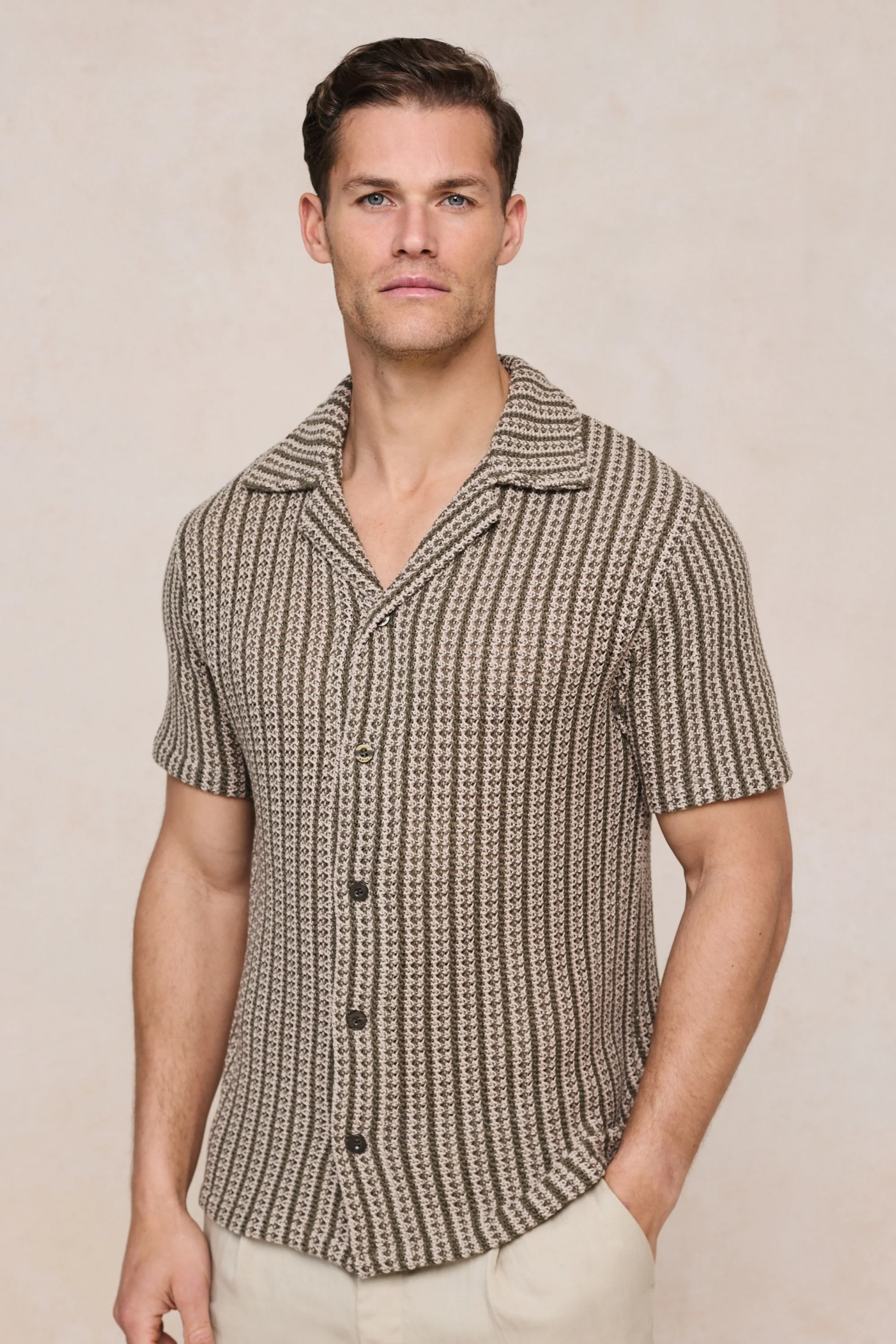 Salvador Knitted Camp Collar Shirt - Khaki/Sand - Image 3