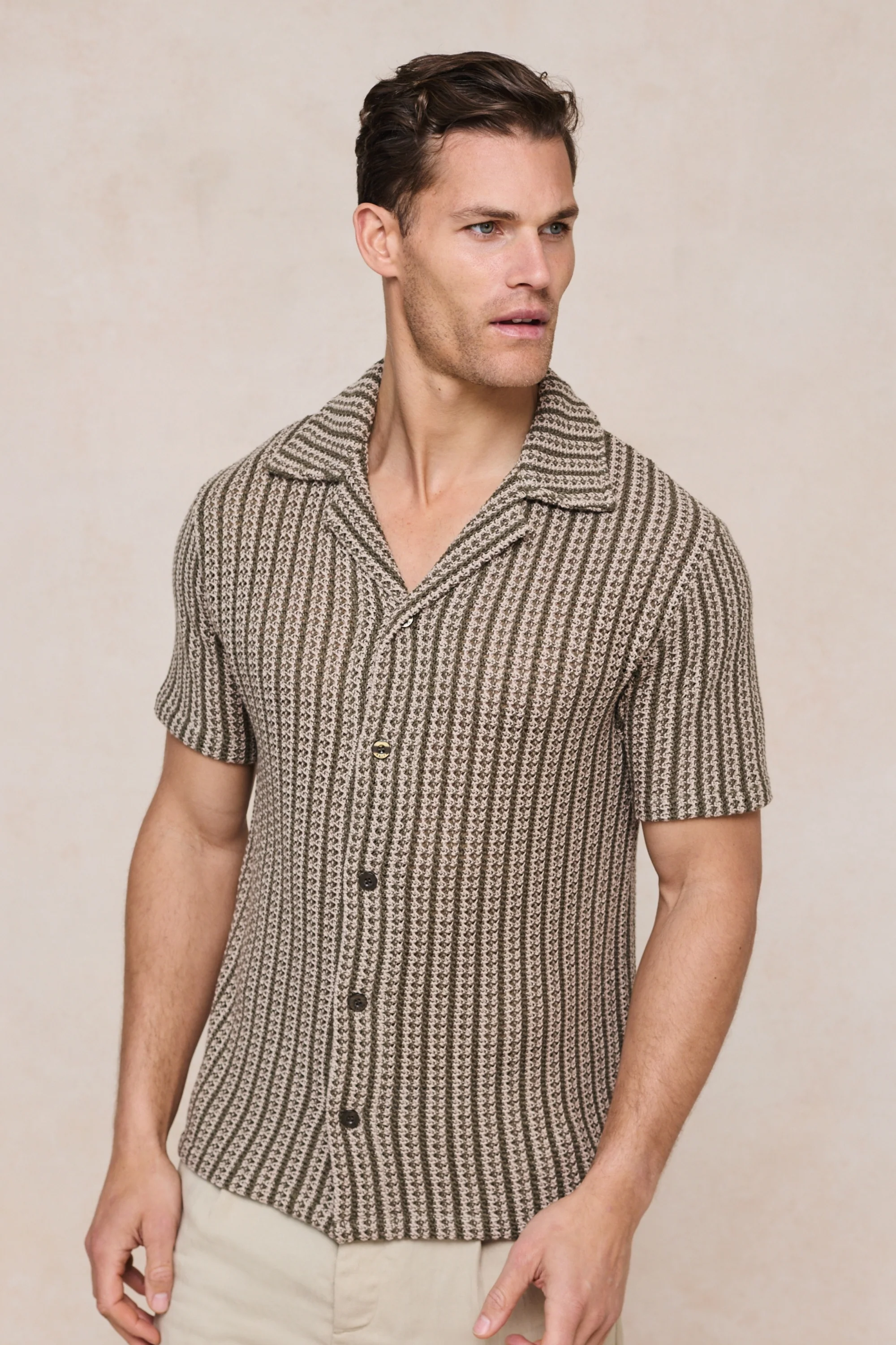 Salvador Knitted Camp Collar Shirt - Khaki/Sand - Image 4