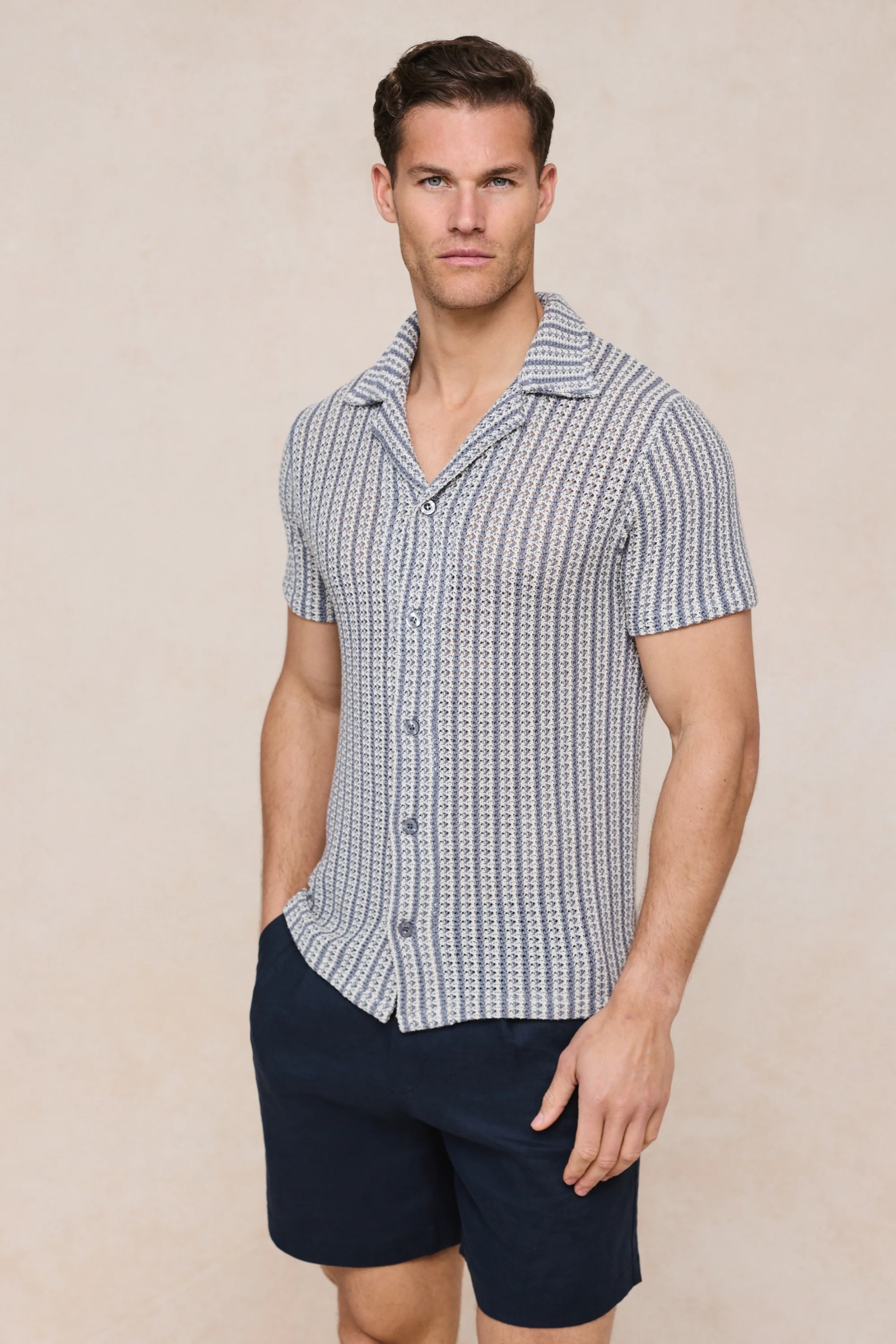 Salvador Knitted Camp Collar Shirt - Pale Blue/Ecru - Image 3