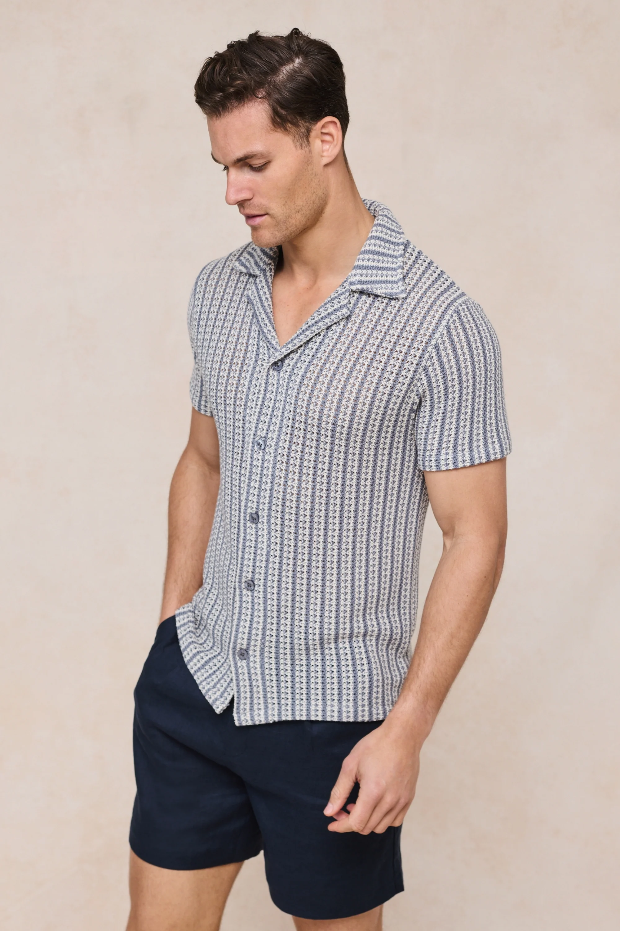 Salvador Knitted Camp Collar Shirt - Pale Blue/Ecru - Image 4