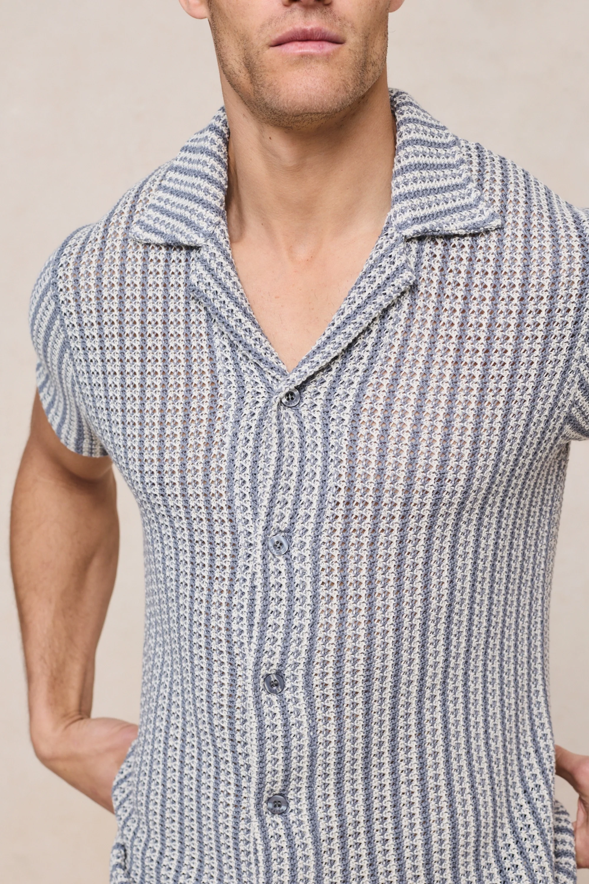 Salvador Knitted Camp Collar Shirt - Pale Blue/Ecru - Image 5