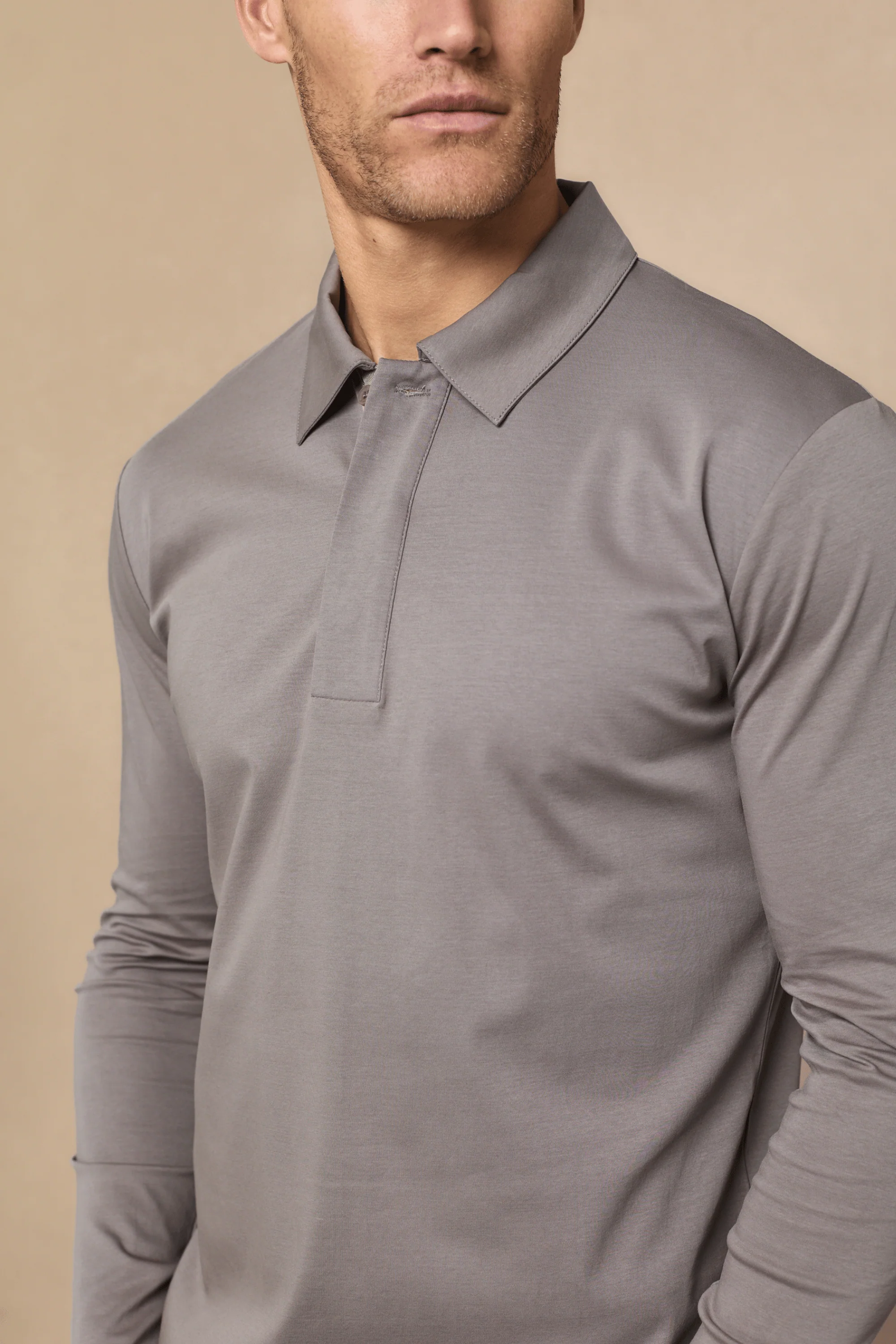 Santi Long Sleeve Mercerised Polo Shirt - Mushroom - Image 3