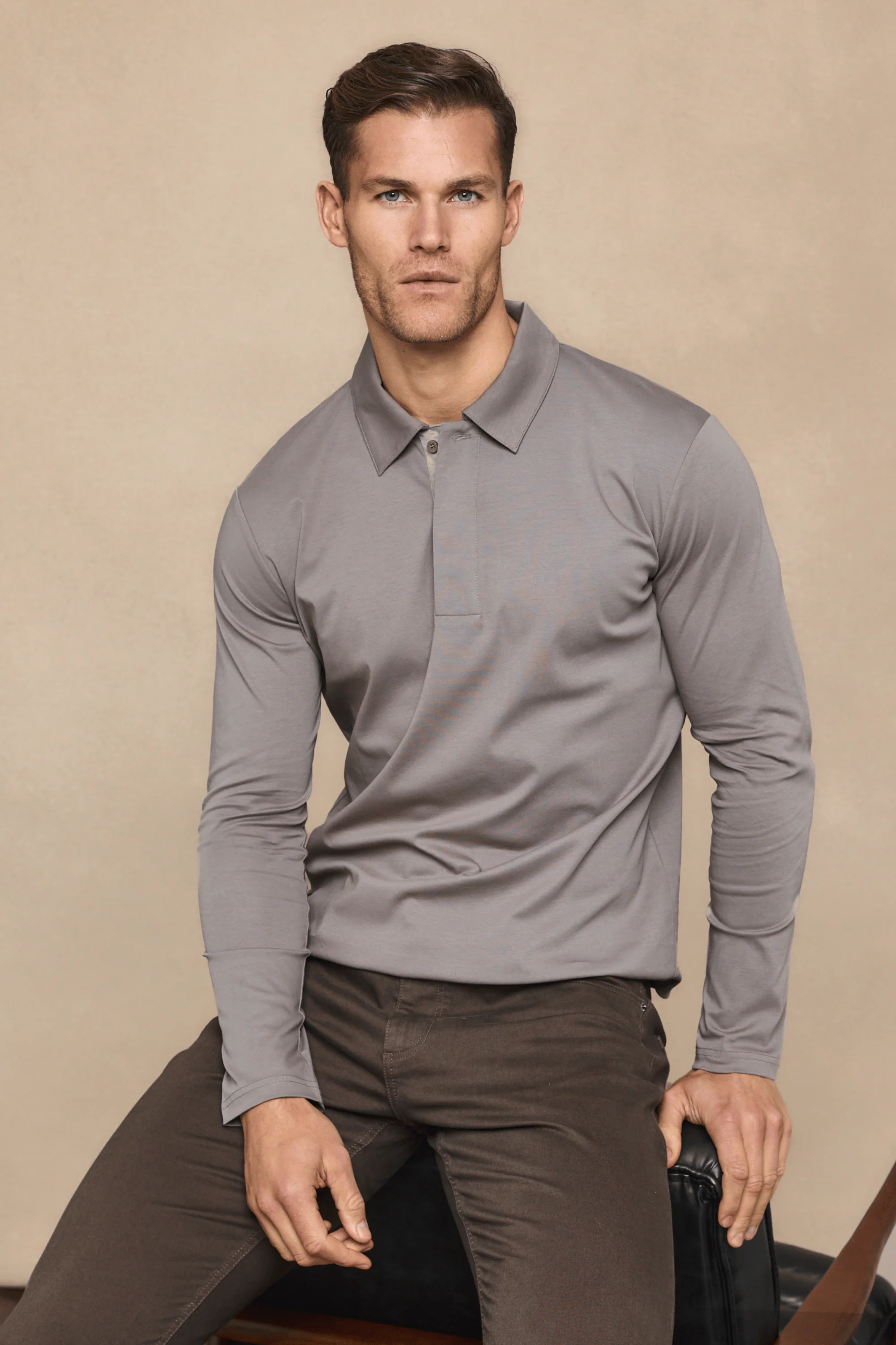 Santi Long Sleeve Mercerised Polo Shirt - Mushroom - Image 5