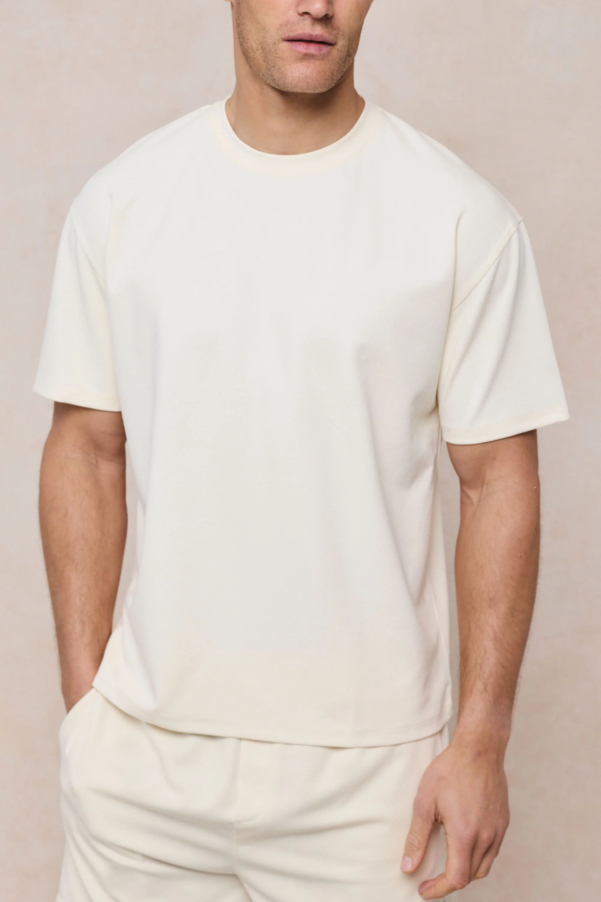 Tomas Crew Neck Textured T-Shirt - Ecru - Image 3