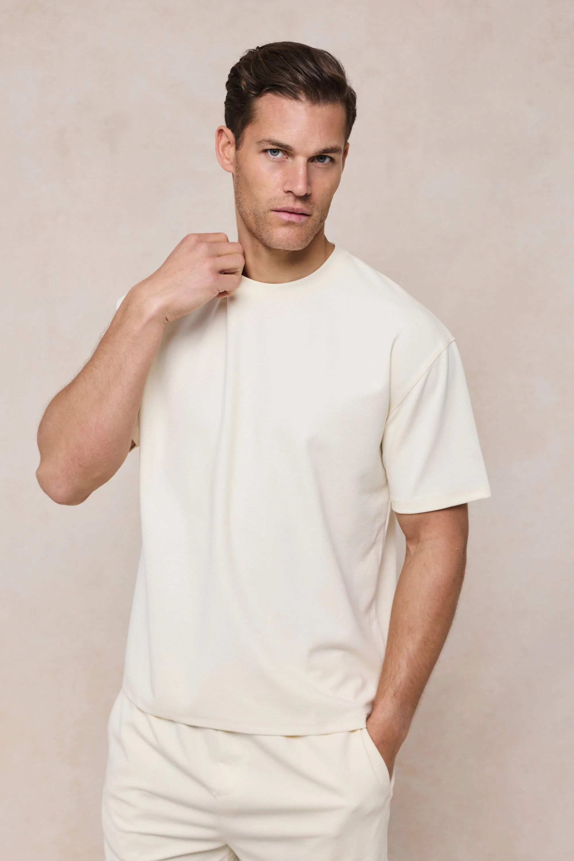 Tomas Crew Neck Textured T-Shirt - Ecru - Image 5