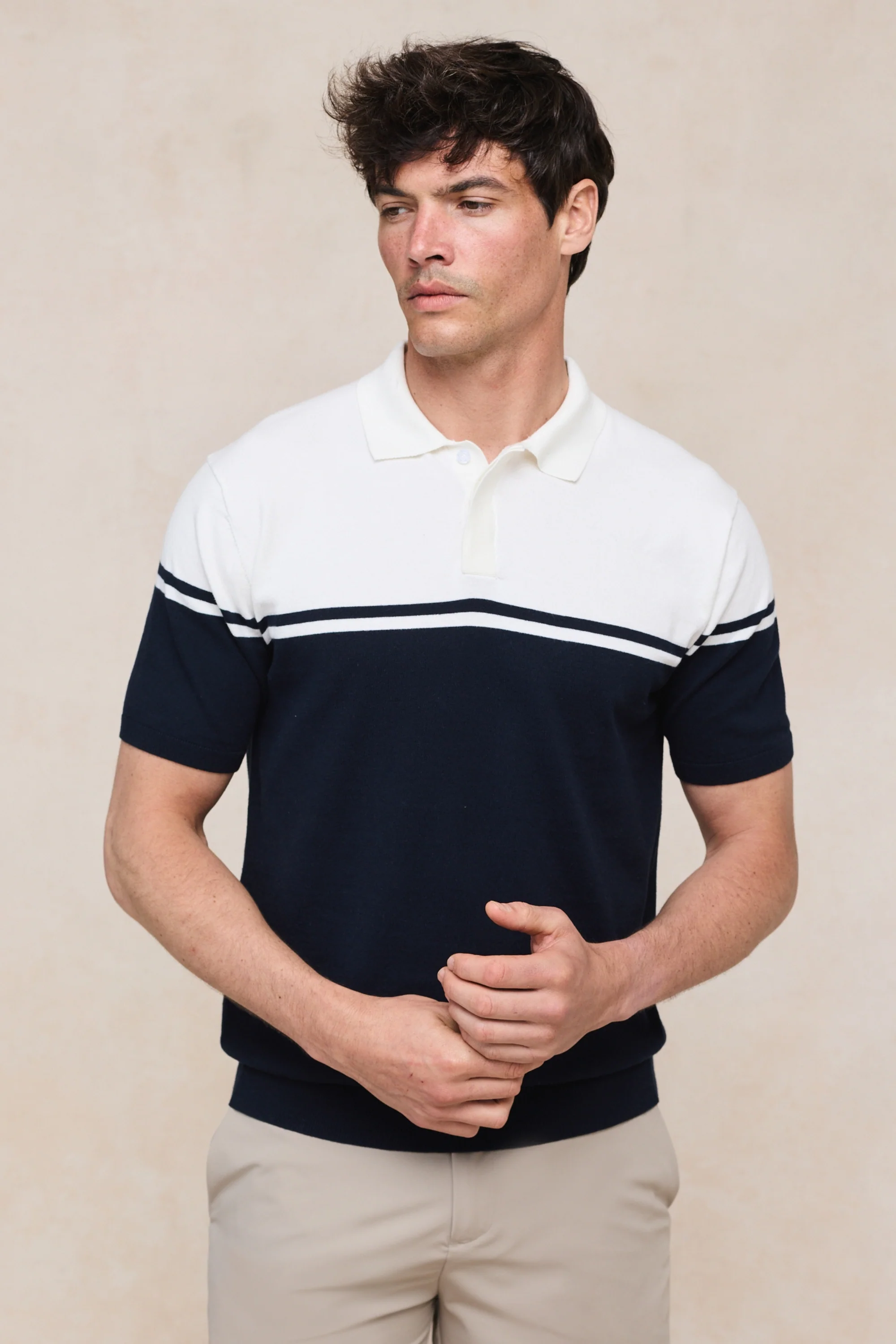 Vicolo Knitted Striped Block Polo SS - Ecru/Navy - Image 5
