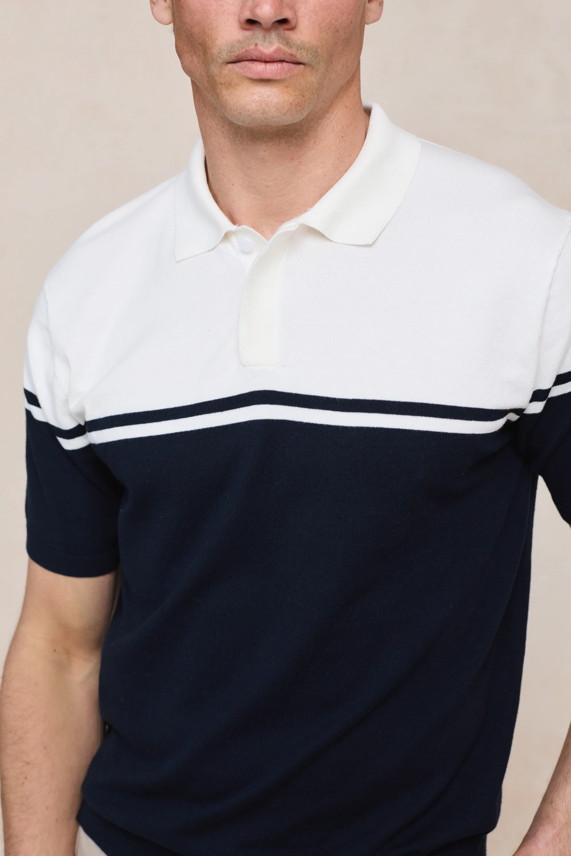 Vicolo Knitted Striped Block Polo SS - Ecru/Navy - Image 7