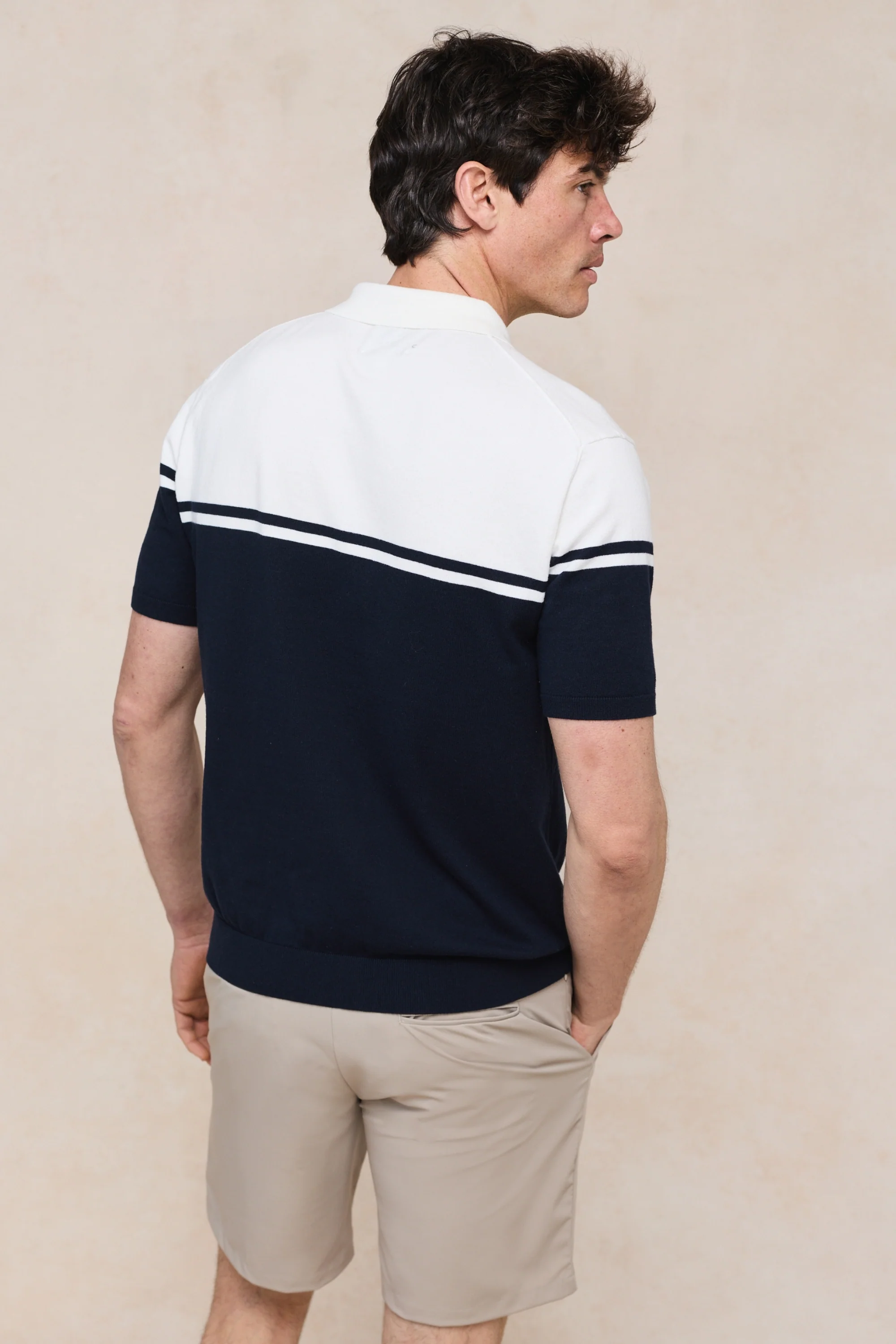 Vicolo Knitted Striped Block Polo SS - Ecru/Navy - Image 8
